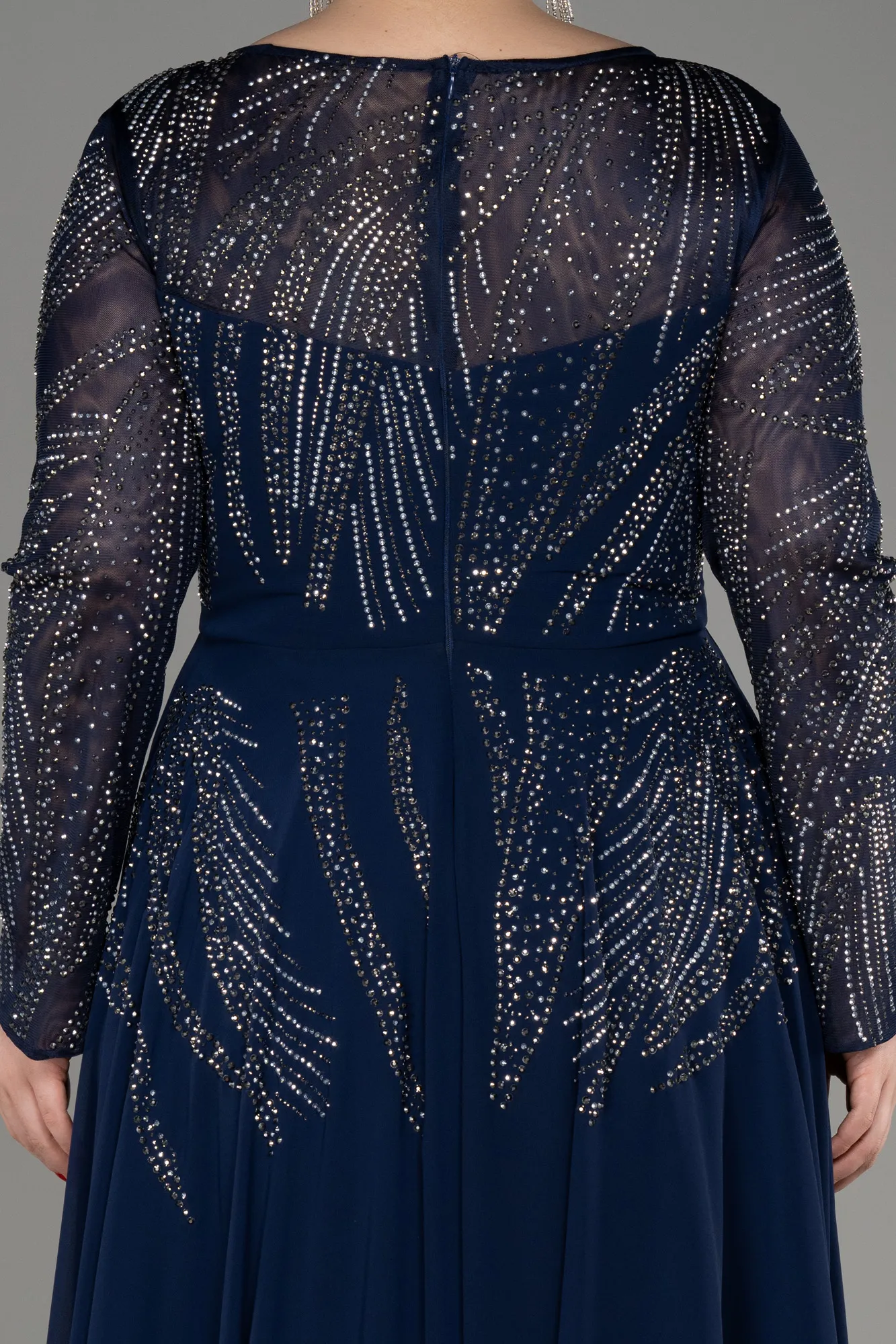 Navy Blue-Stoned Long Sleeve Plus Size Evening Gown ABU3925