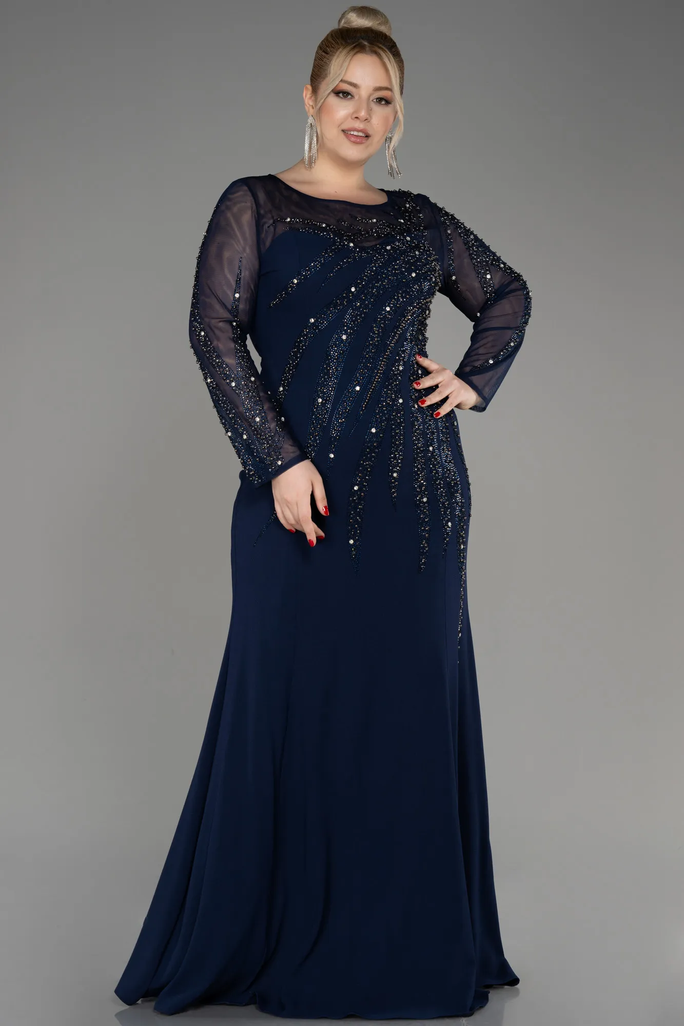 Navy Blue-Stoned Long Sleeve Plus Size Evening Gown ABU3928