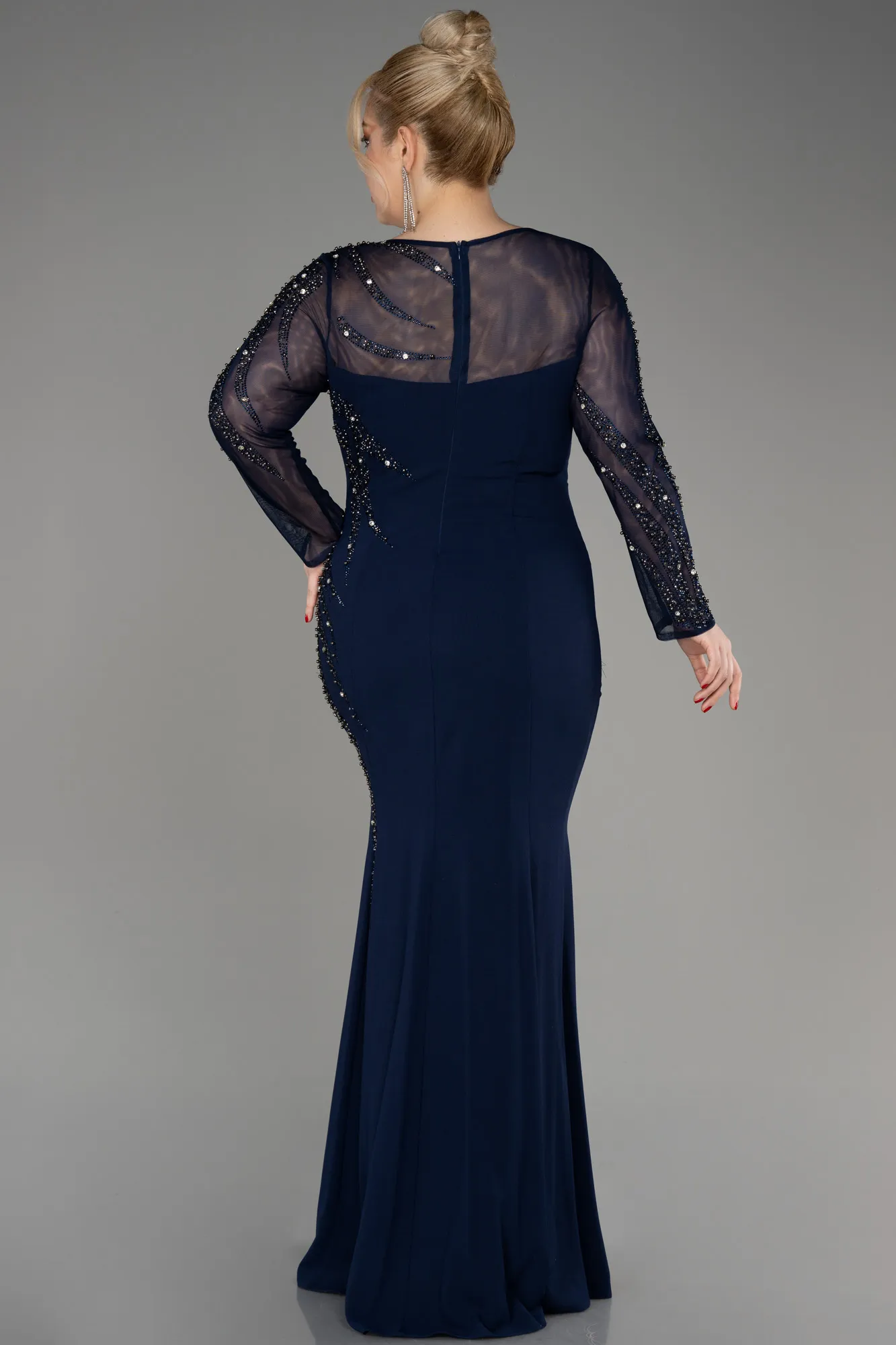 Navy Blue-Stoned Long Sleeve Plus Size Evening Gown ABU3928