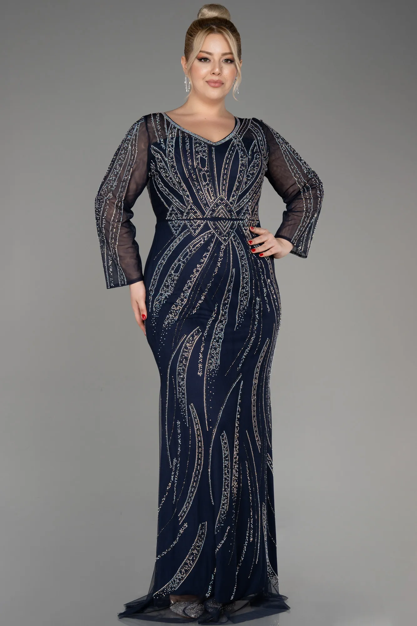 Navy Blue-Stoned Long Sleeve Plus Size Evening Gown ABU3935