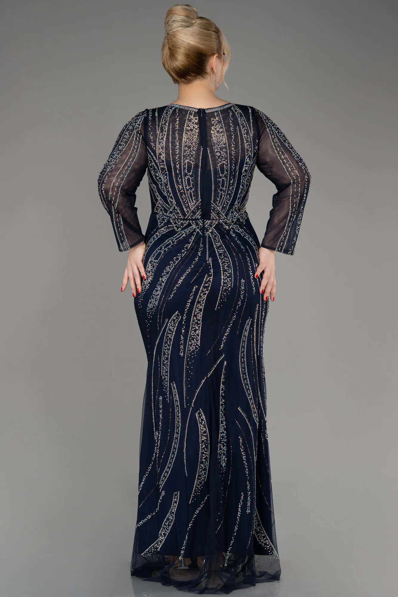 Navy Blue-Stoned Long Sleeve Plus Size Evening Gown ABU3935