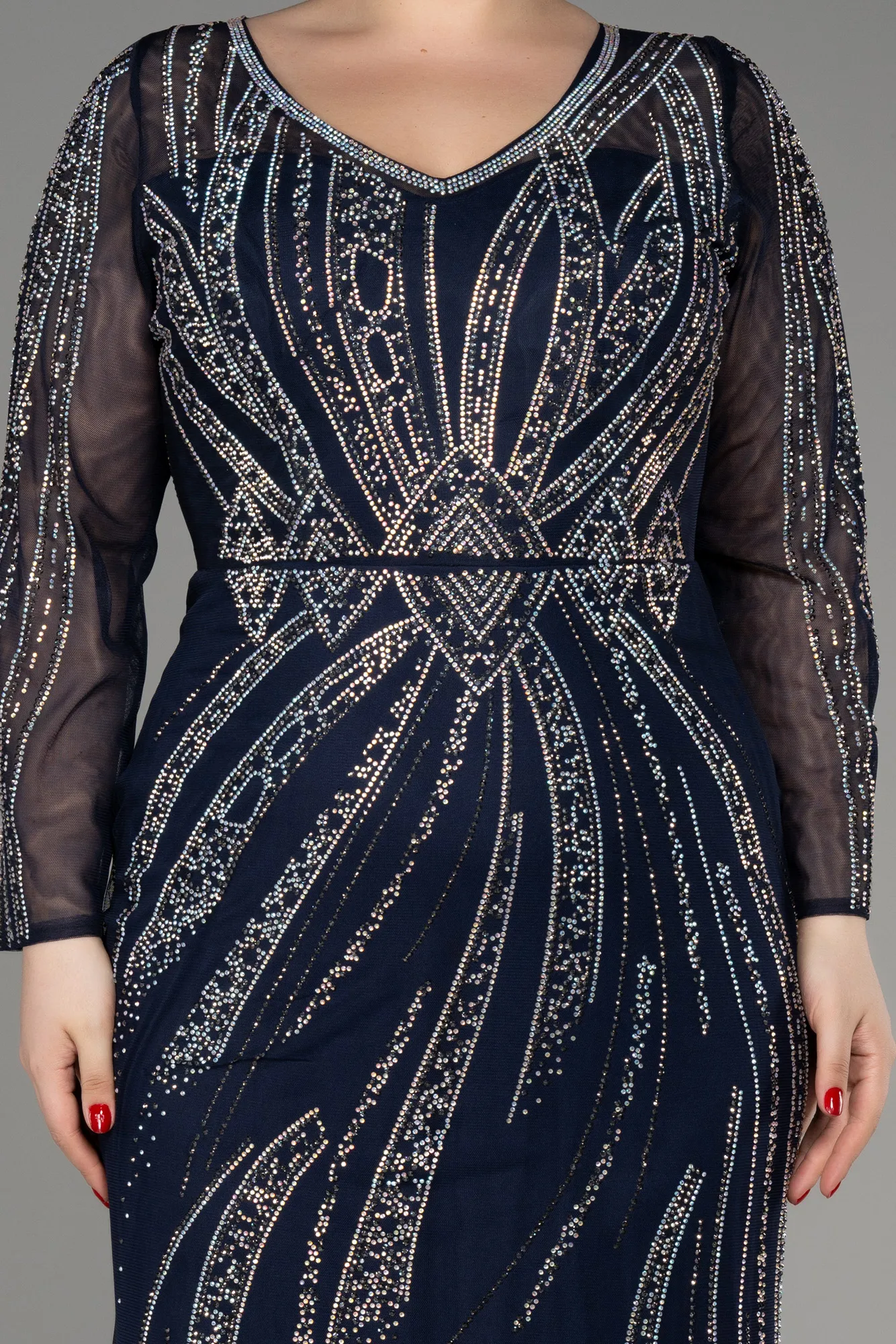 Navy Blue-Stoned Long Sleeve Plus Size Evening Gown ABU3935