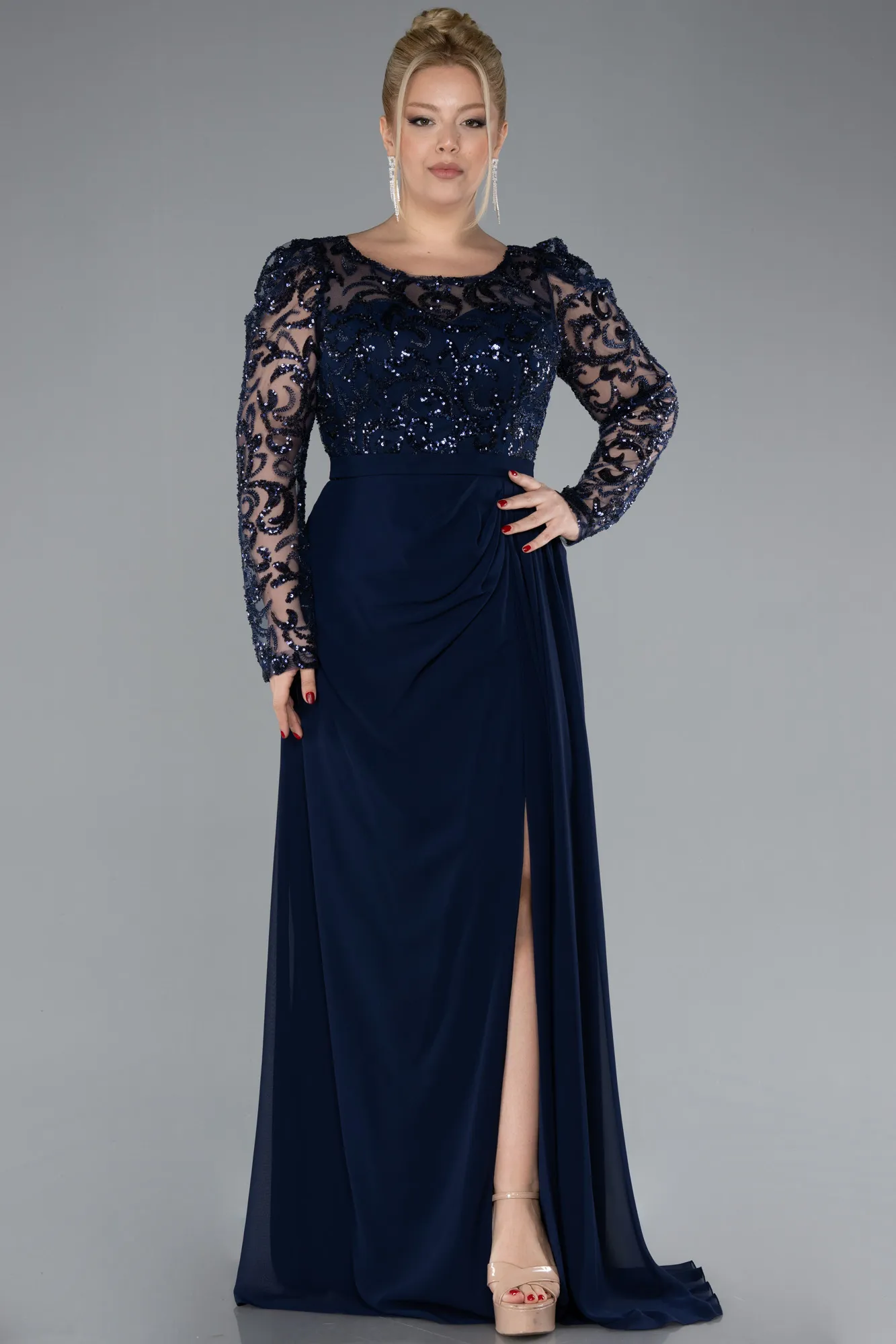 Navy Blue-Stoned Long Sleeve Slit Chiffon Plus Size Evenin Gown ABU4506