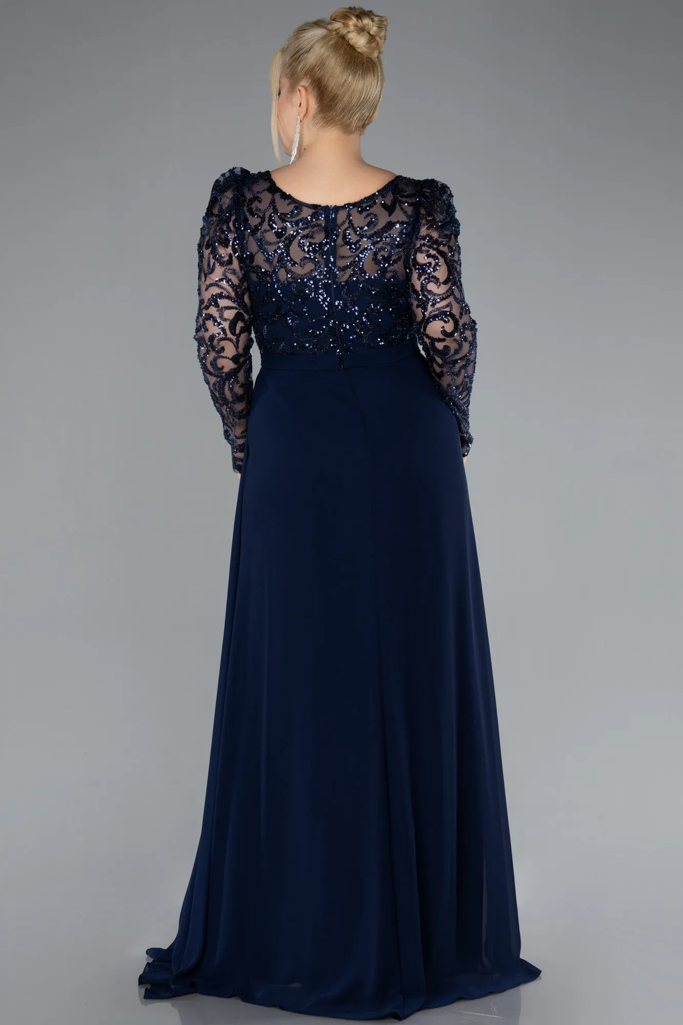 Navy Blue-Stoned Long Sleeve Slit Chiffon Plus Size Evenin Gown ABU4506