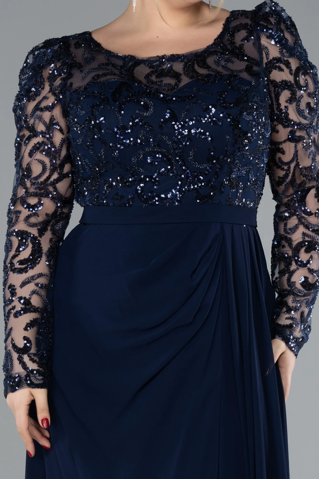 Navy Blue-Stoned Long Sleeve Slit Chiffon Plus Size Evenin Gown ABU4506