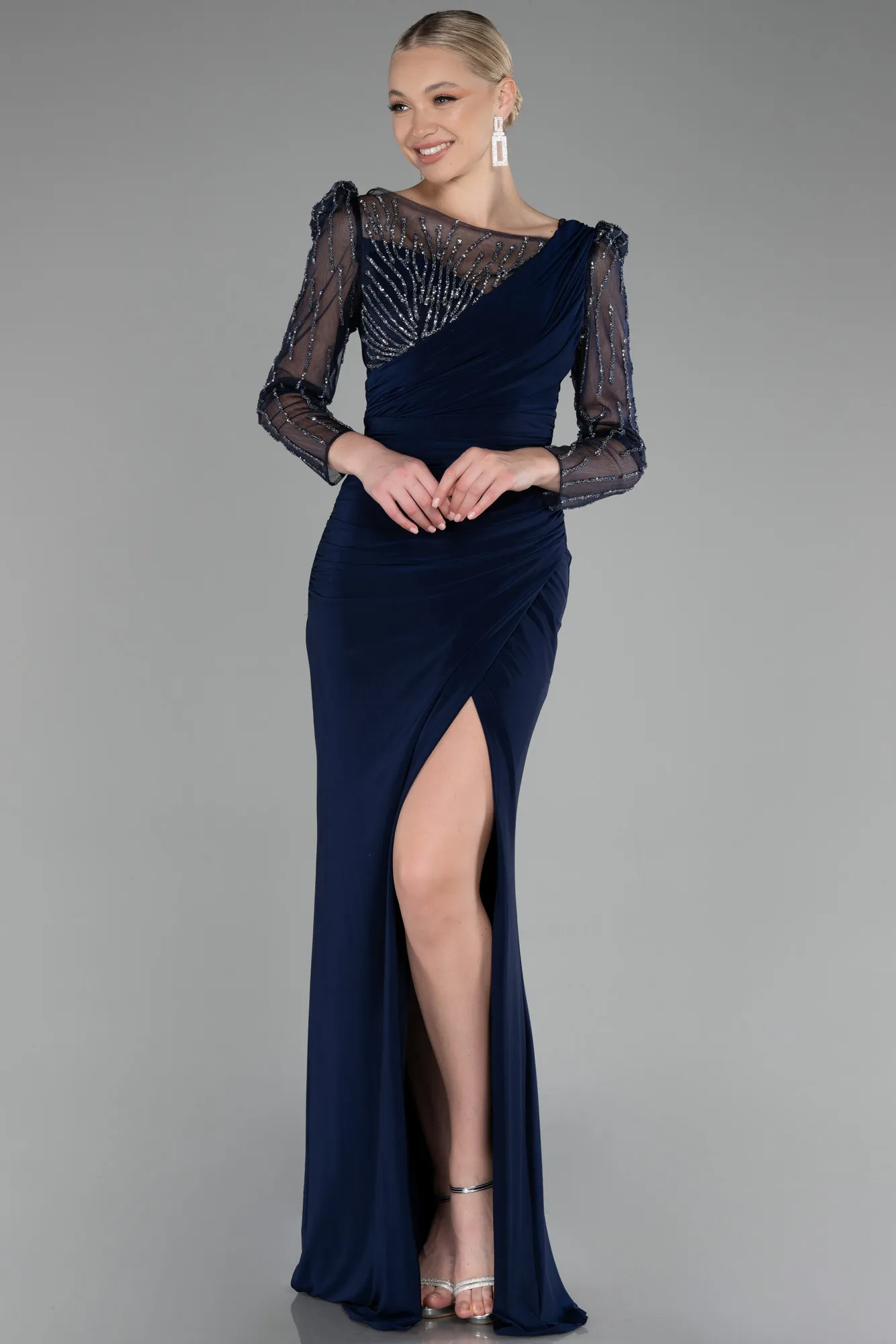 Navy Blue-Stoned Long Sleeve Slit Evening Gown ABU4117