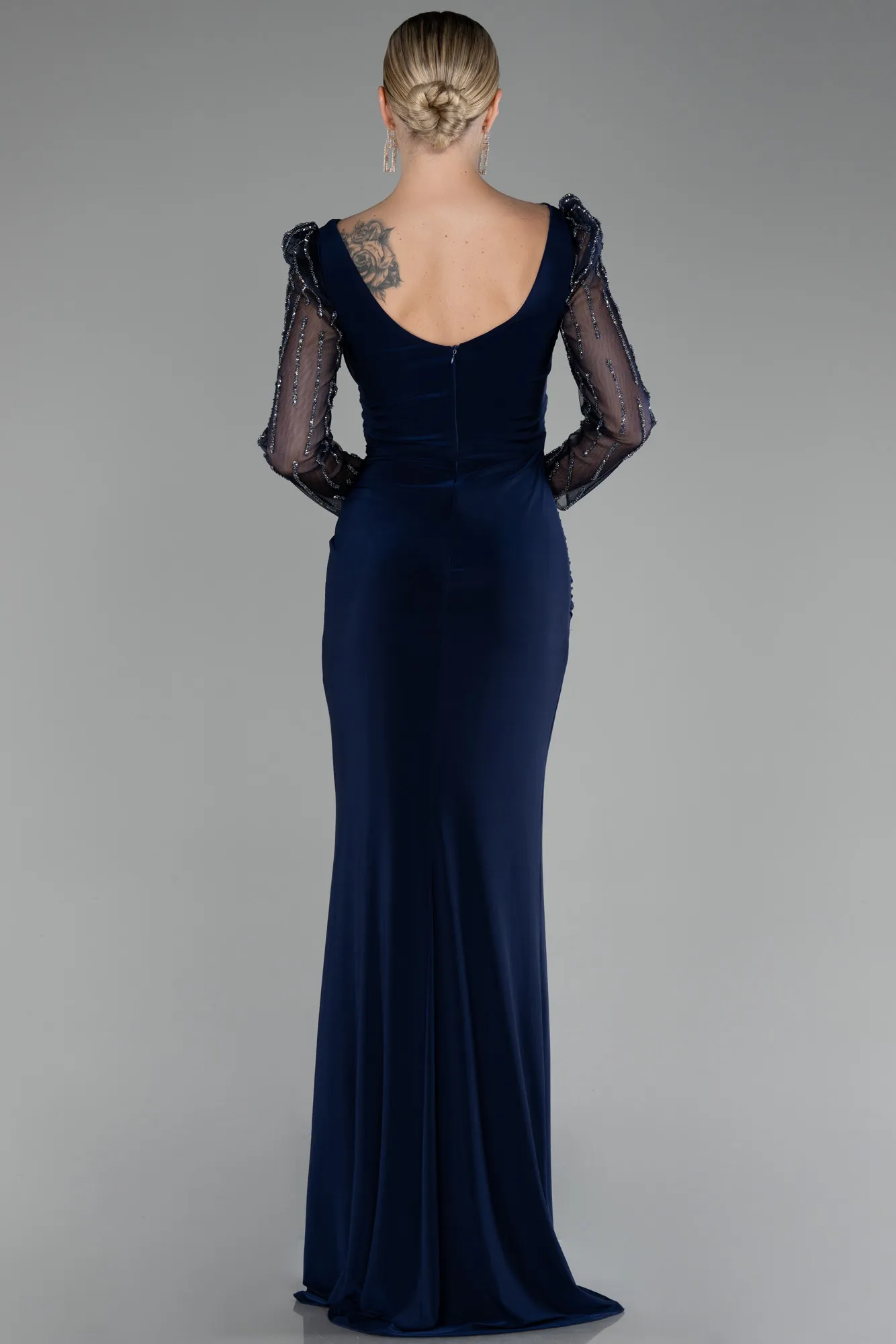 Navy Blue-Stoned Long Sleeve Slit Evening Gown ABU4117