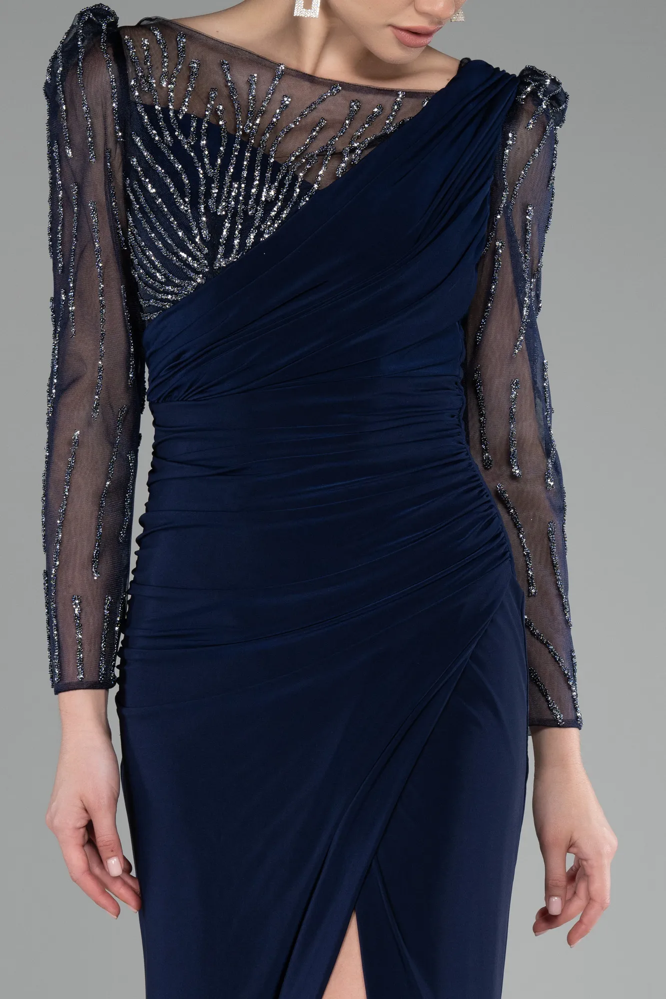 Navy Blue-Stoned Long Sleeve Slit Evening Gown ABU4117