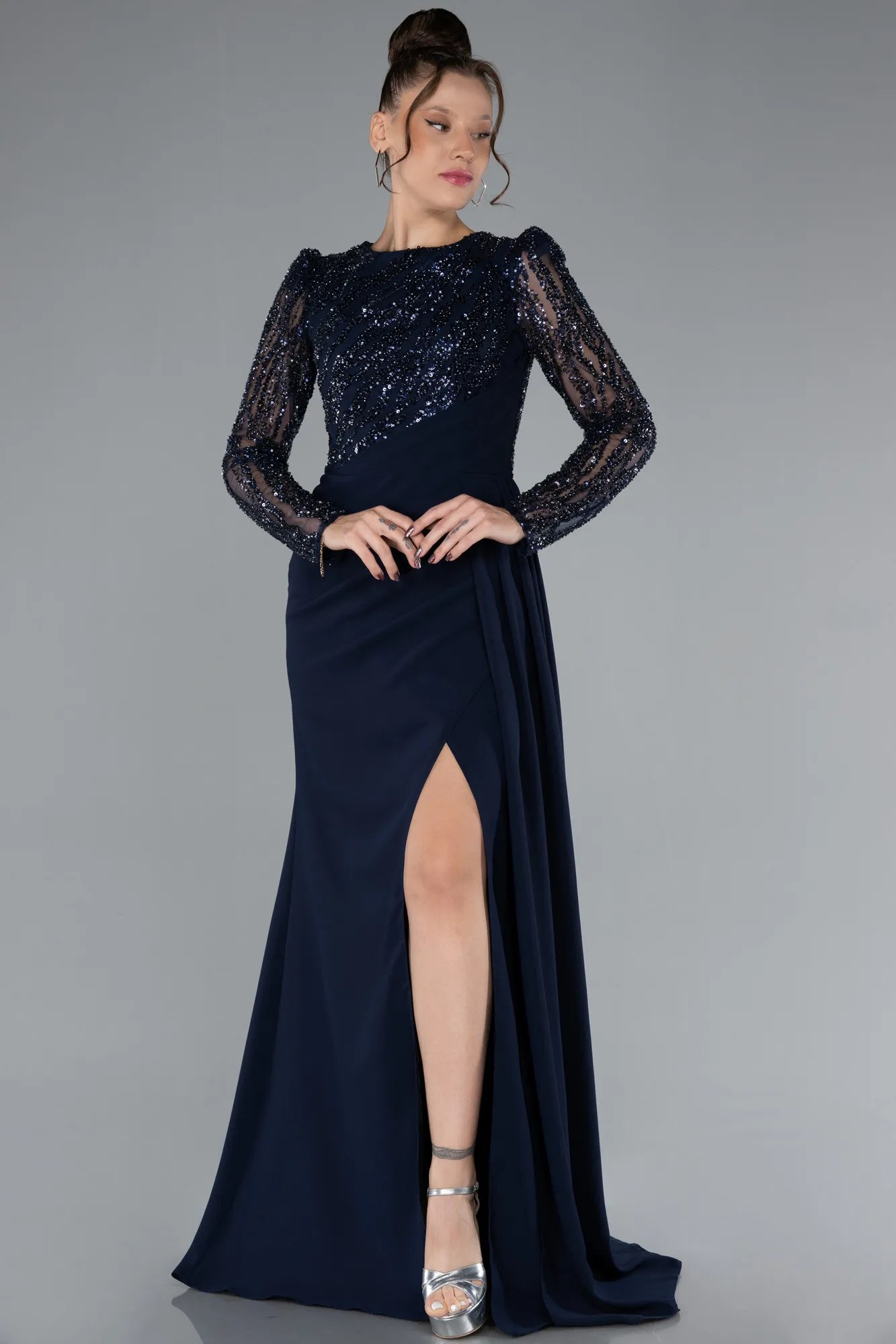 Navy Blue-Stoned Long Sleeve Slit Evening Gown ABU4310