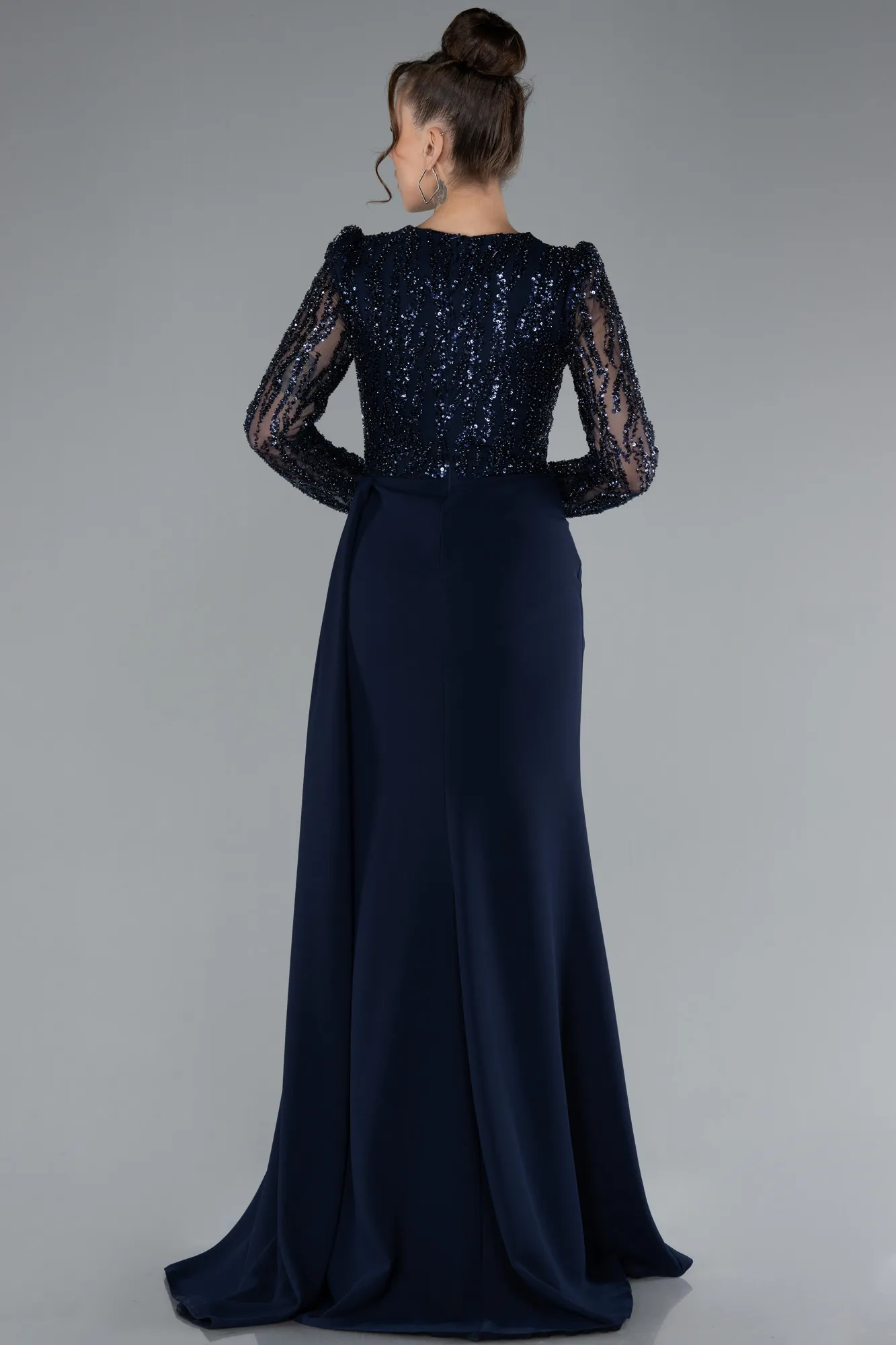 Navy Blue-Stoned Long Sleeve Slit Evening Gown ABU4310