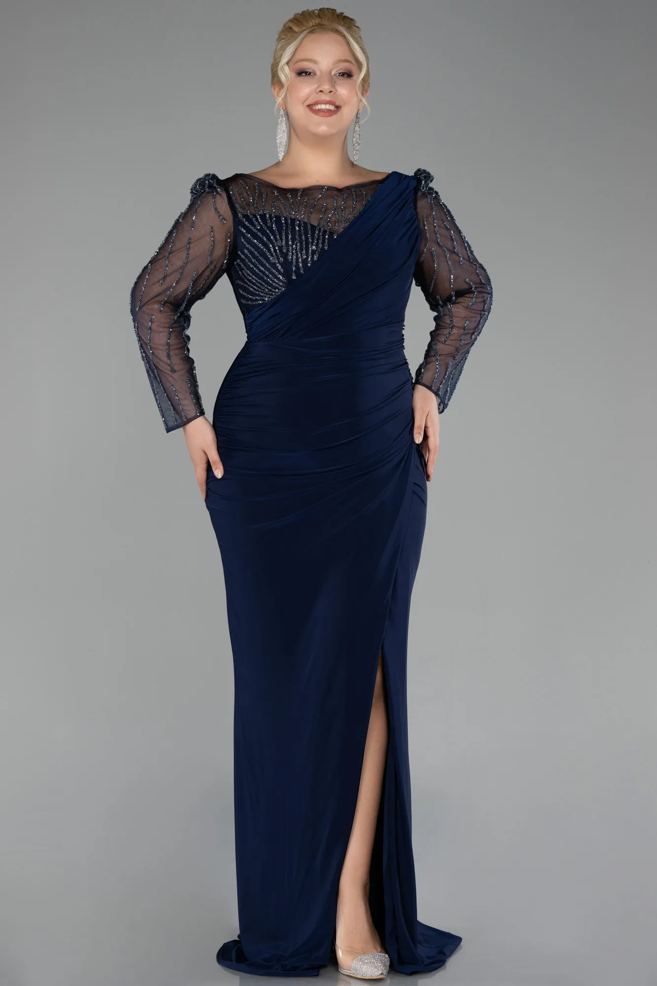 Navy Blue-Stoned Long Sleeve Slit Plus Size Evening Gown ABU4119