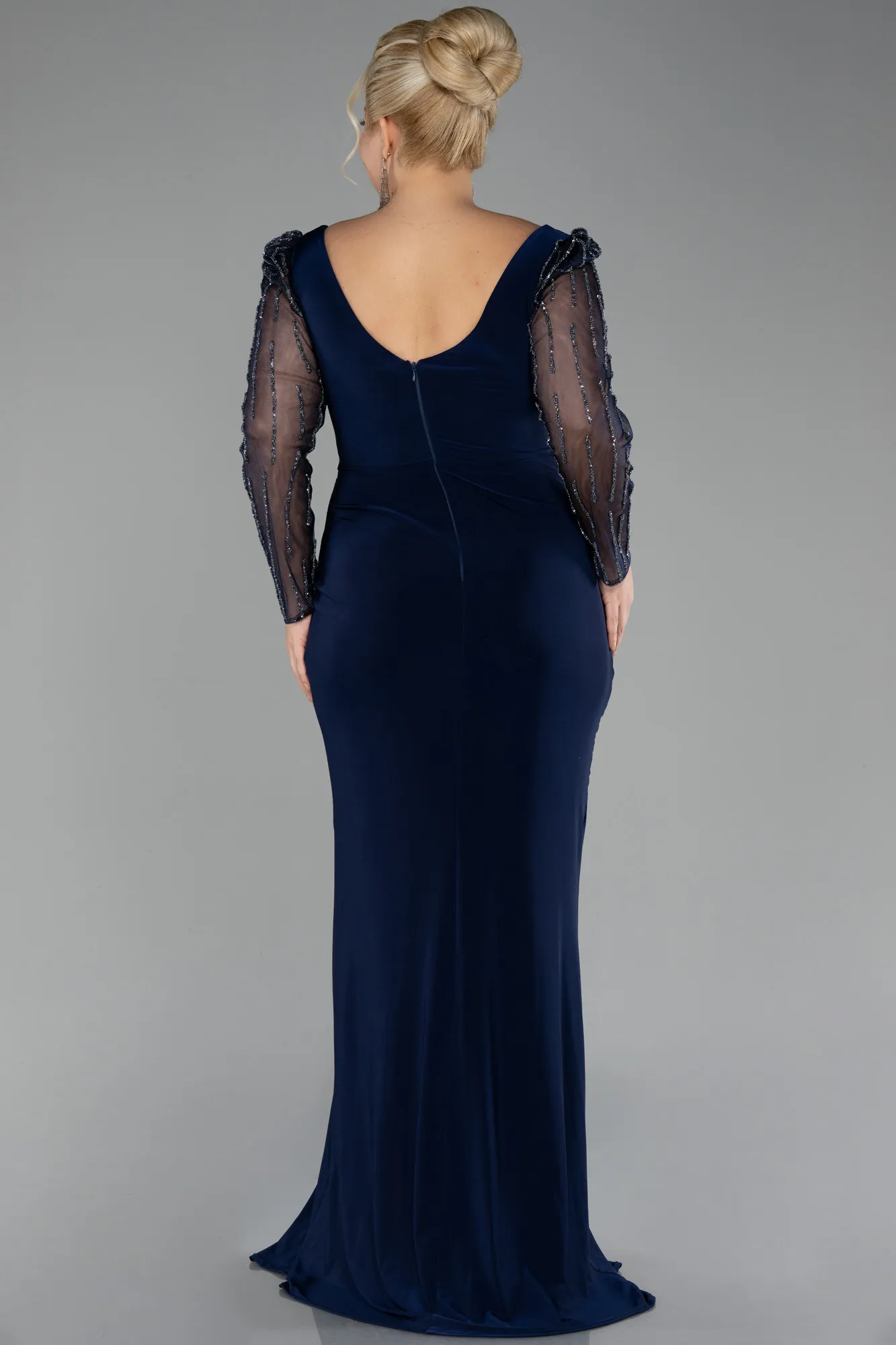 Navy Blue-Stoned Long Sleeve Slit Plus Size Evening Gown ABU4119