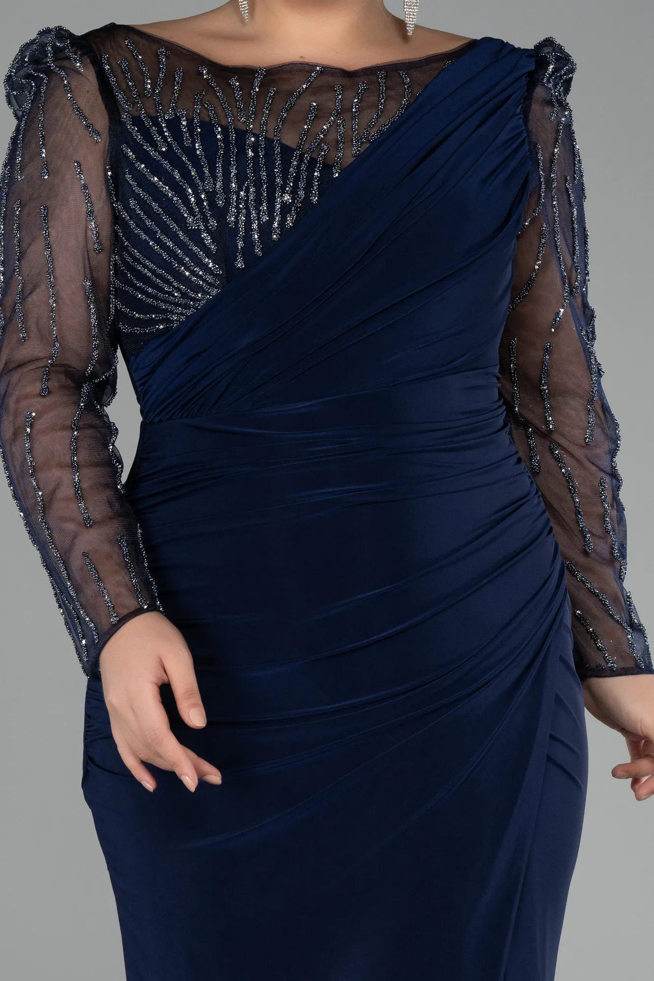 Navy Blue-Stoned Long Sleeve Slit Plus Size Evening Gown ABU4119