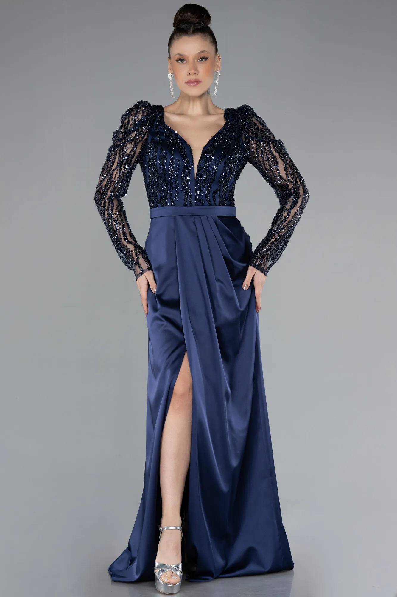 Navy Blue-Stoned Long Sleeve Slit Satin Evening Gown ABU4499