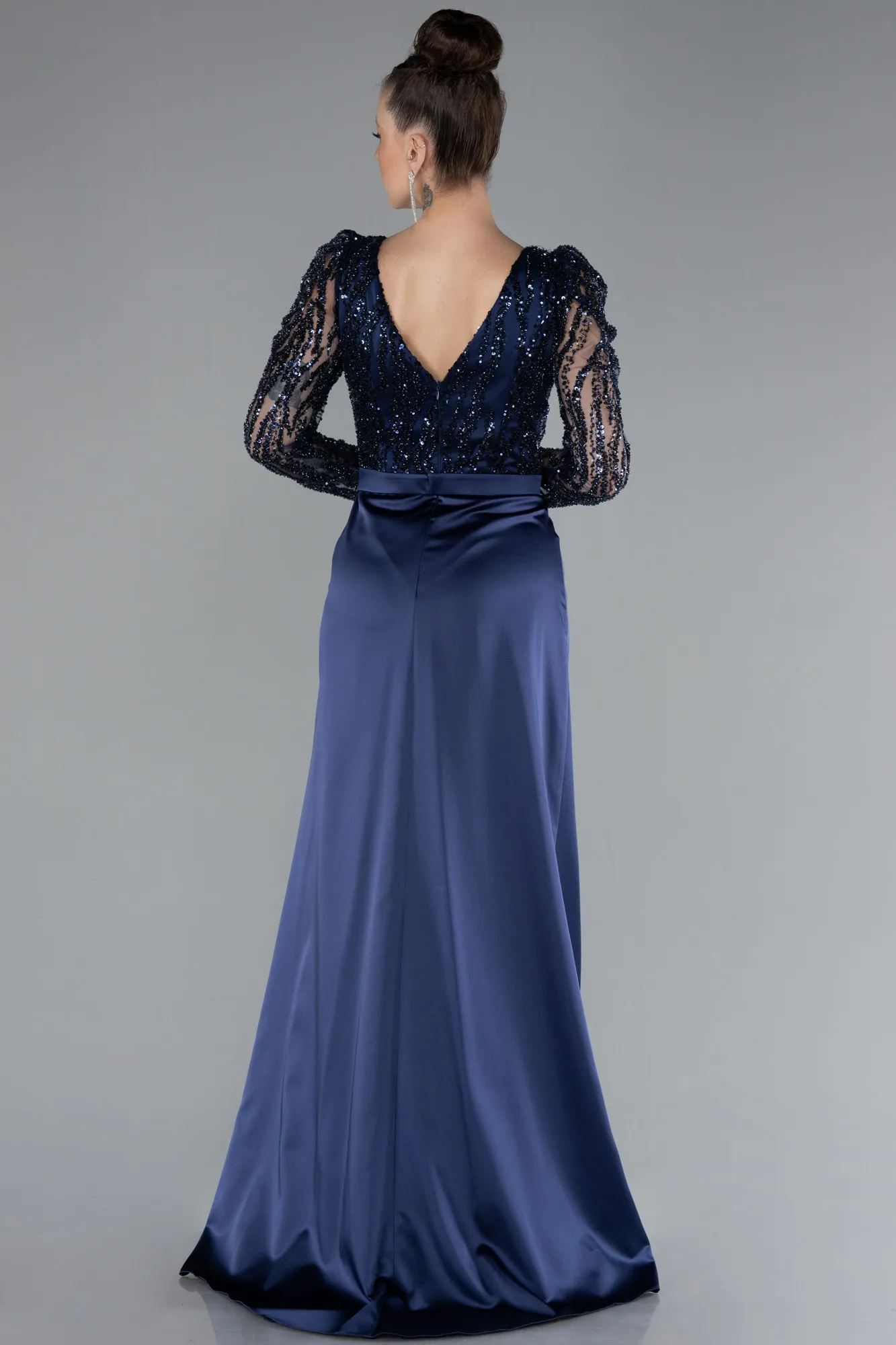 Navy Blue-Stoned Long Sleeve Slit Satin Evening Gown ABU4499