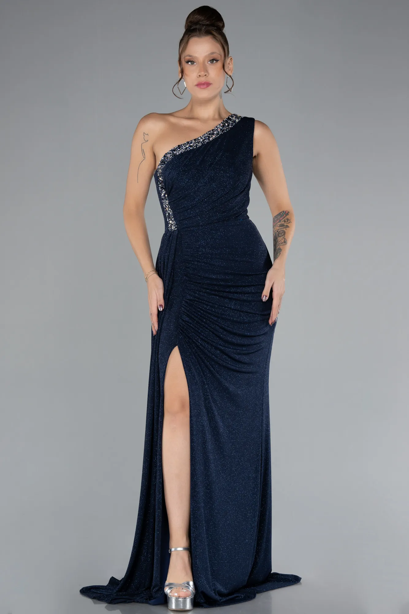 Navy Blue-Stoned One Shoulder Slit Long Glitter Evening Gown ABU4307