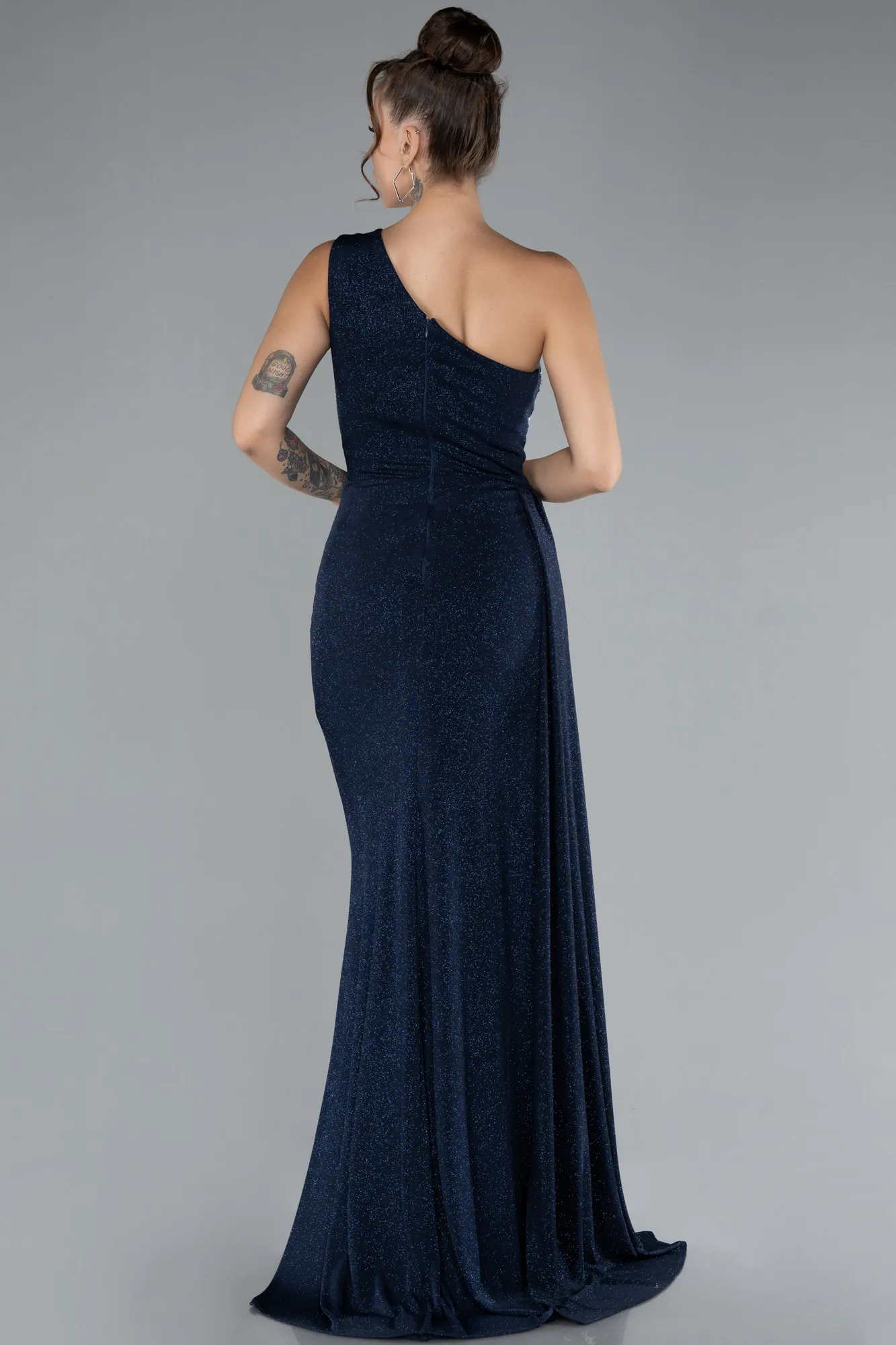 Navy Blue-Stoned One Shoulder Slit Long Glitter Evening Gown ABU4307