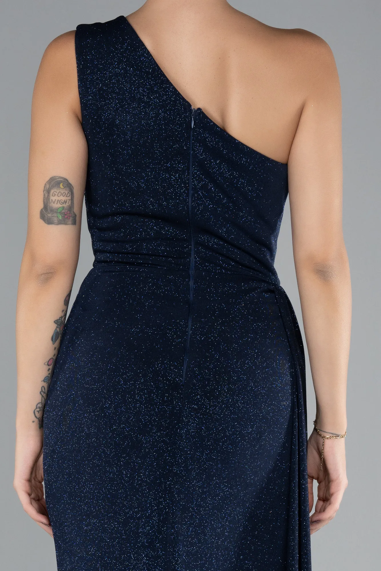 Navy Blue-Stoned One Shoulder Slit Long Glitter Evening Gown ABU4307