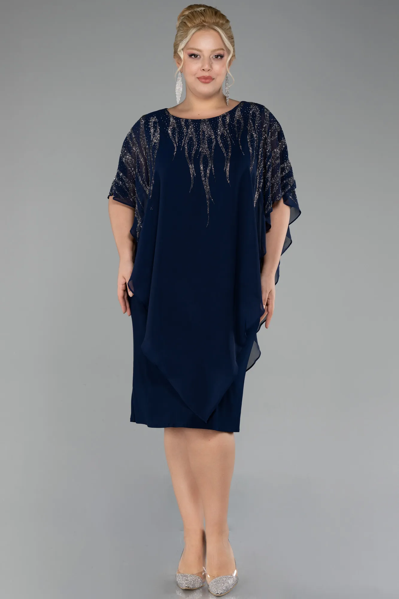 Navy Blue-Stoned Short Sleeve Chiffon Midi Plus Size Evening Dress ABK2133