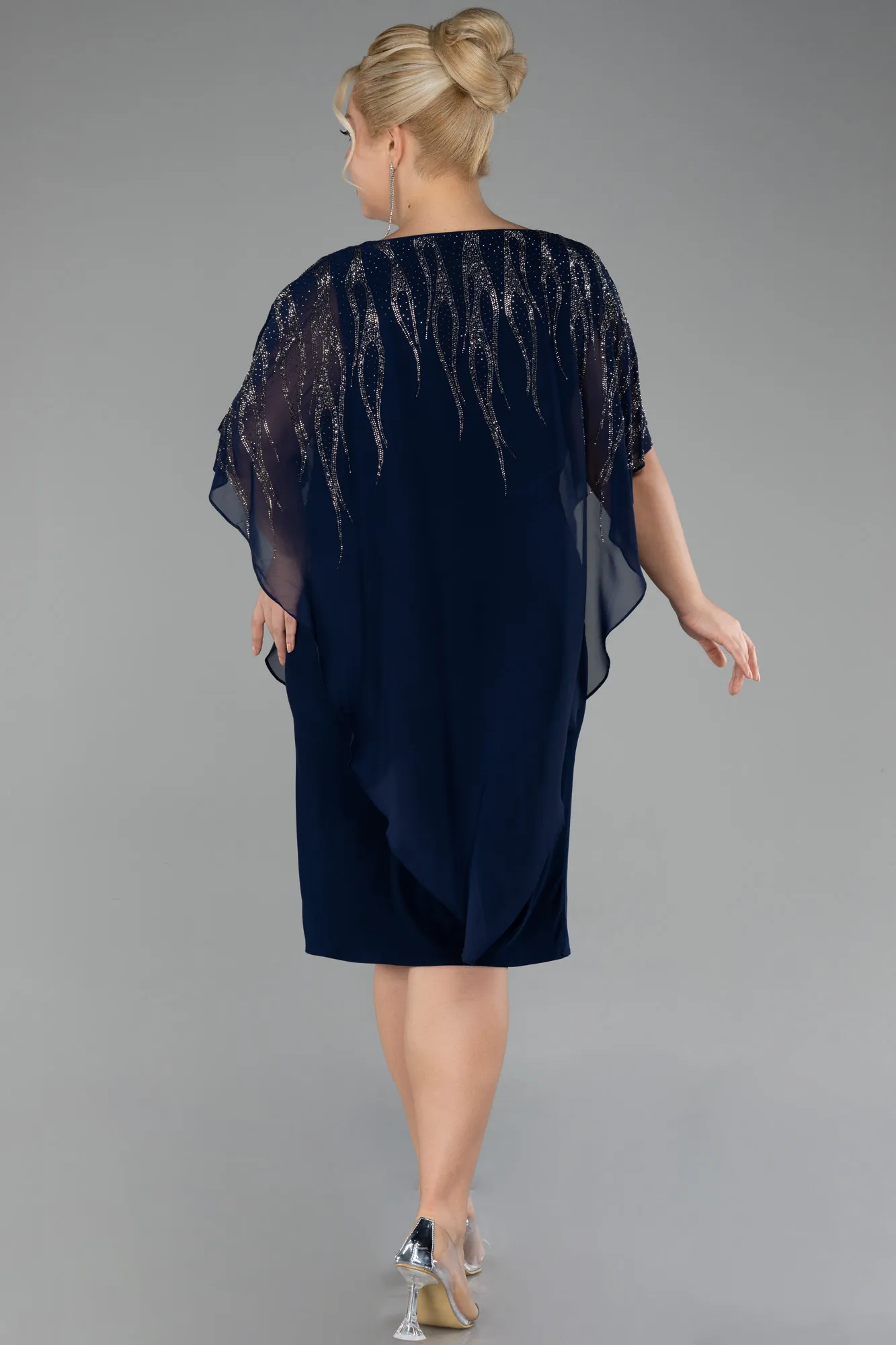 Navy Blue-Stoned Short Sleeve Chiffon Midi Plus Size Evening Dress ABK2133