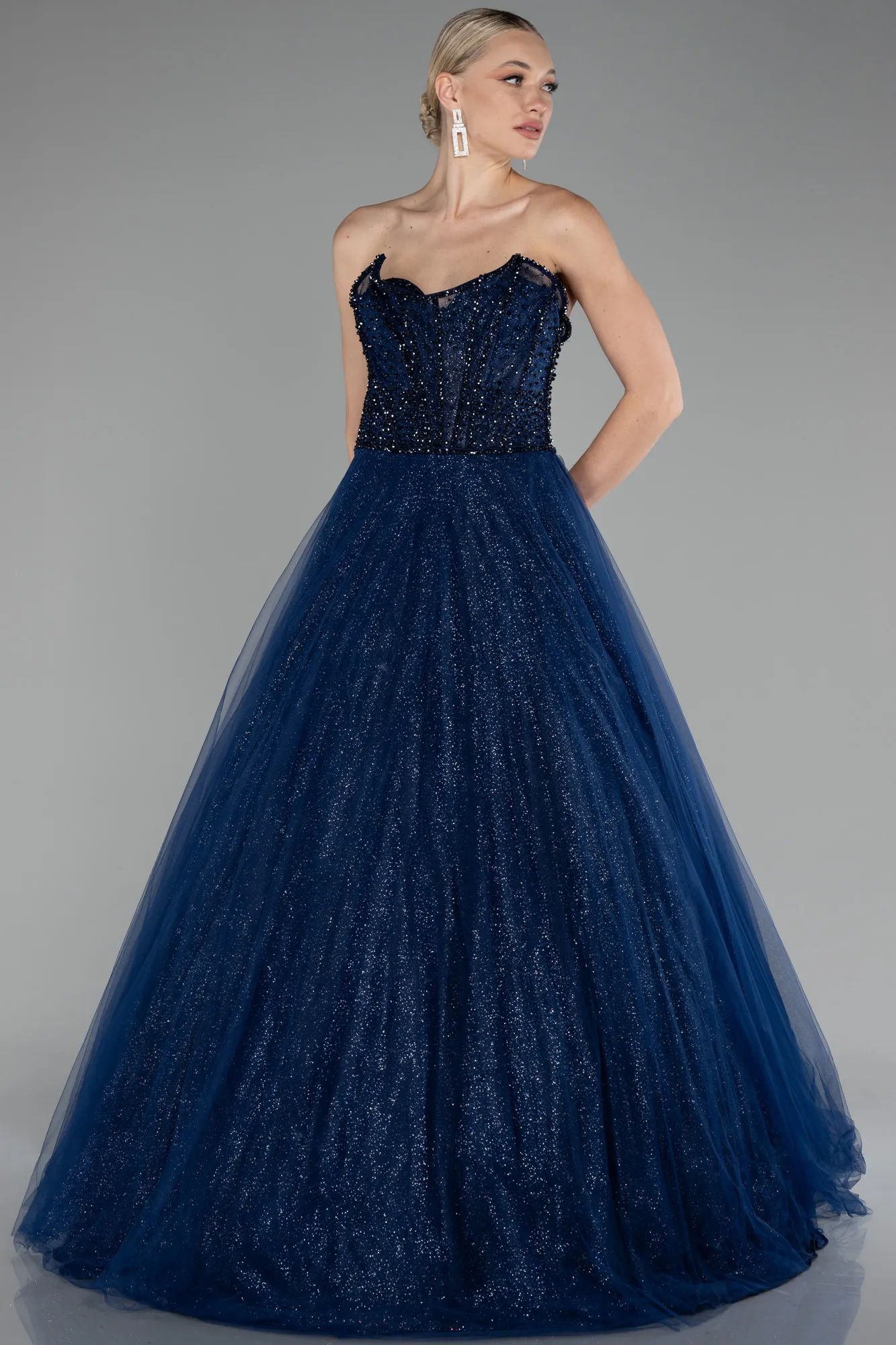 Navy Blue-Stoned Strapless Glitter Collar Long Ball Gown ABU4185