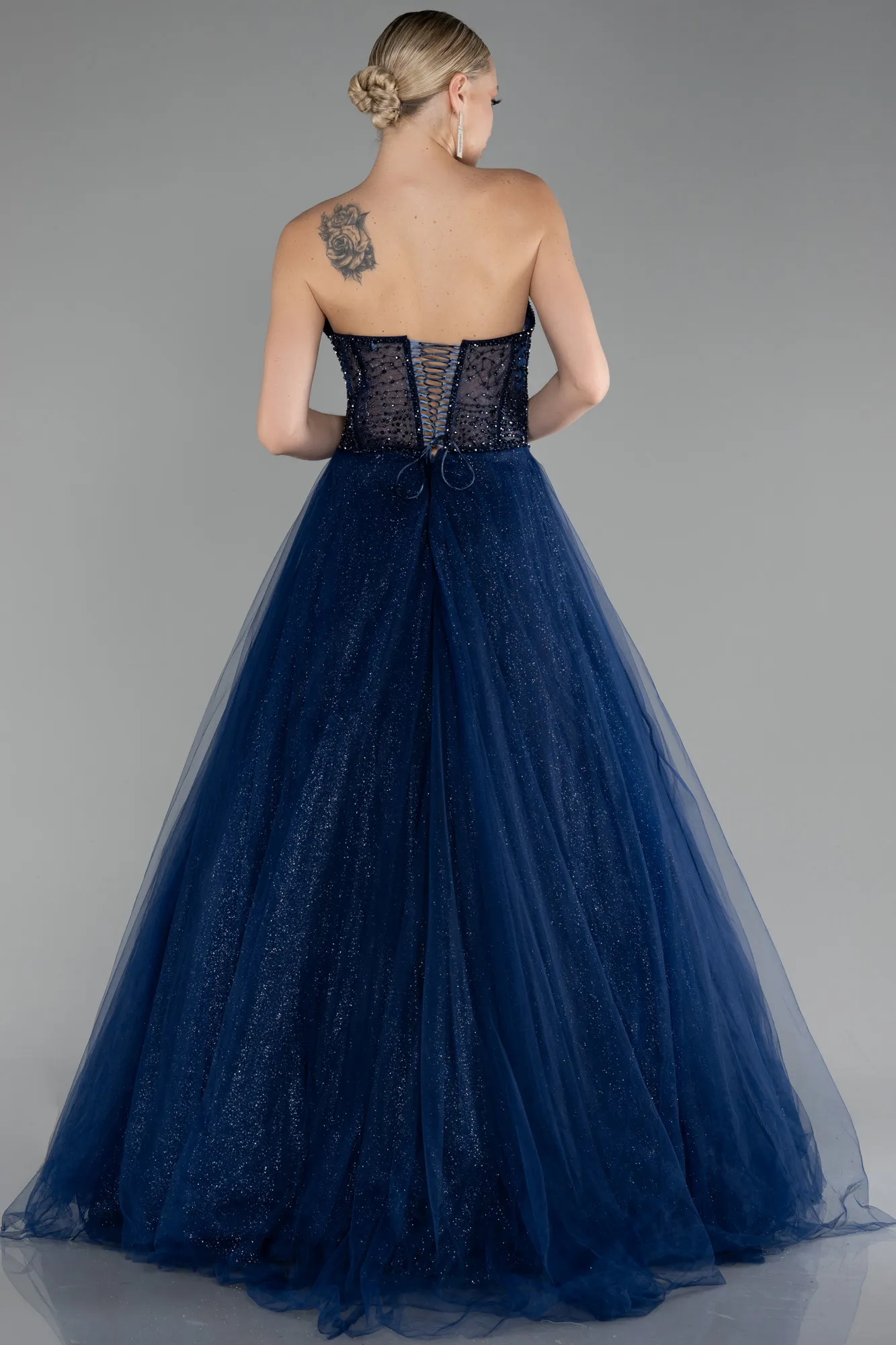 Navy Blue-Stoned Strapless Glitter Collar Long Ball Gown ABU4185