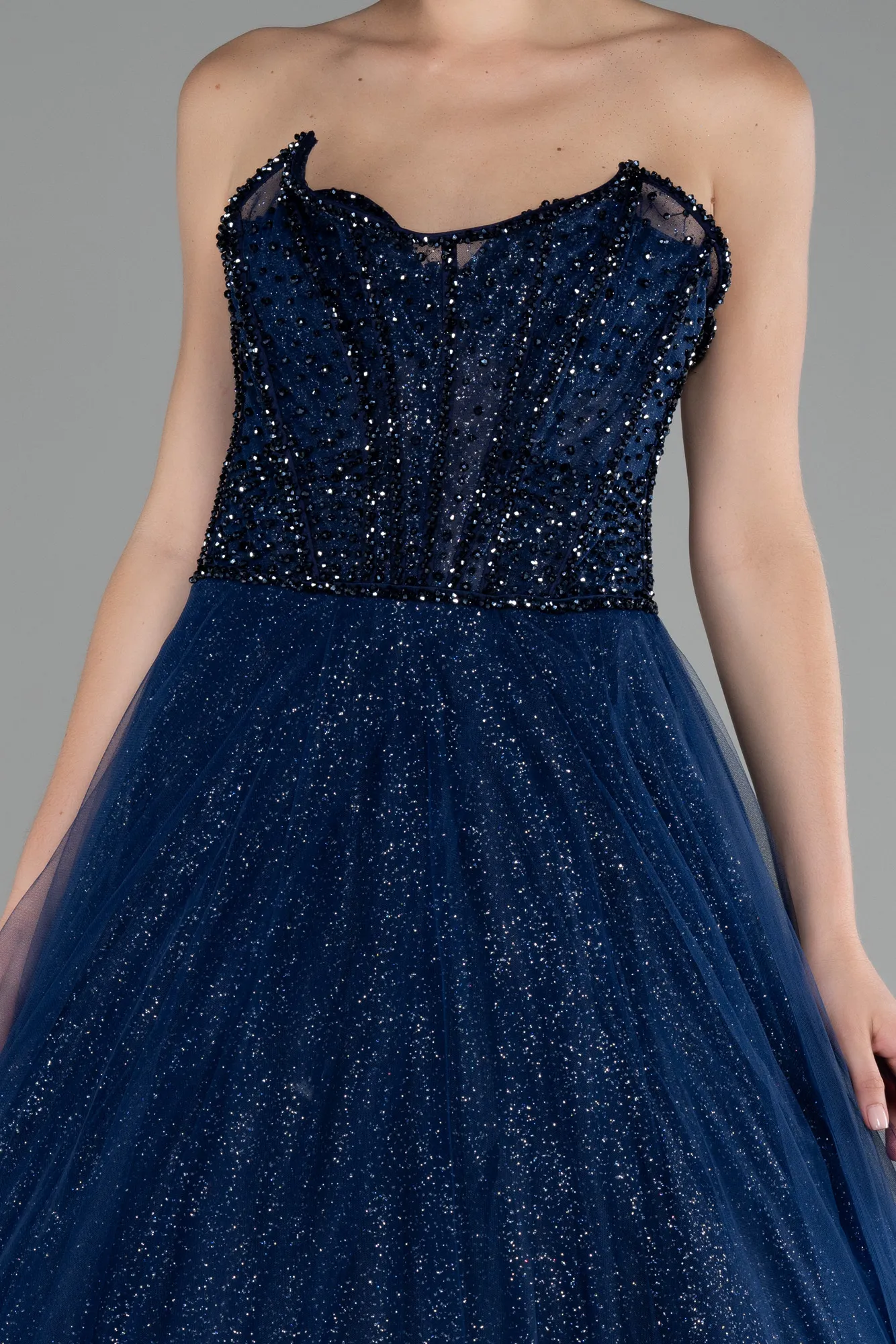 Navy Blue-Stoned Strapless Glitter Collar Long Ball Gown ABU4185