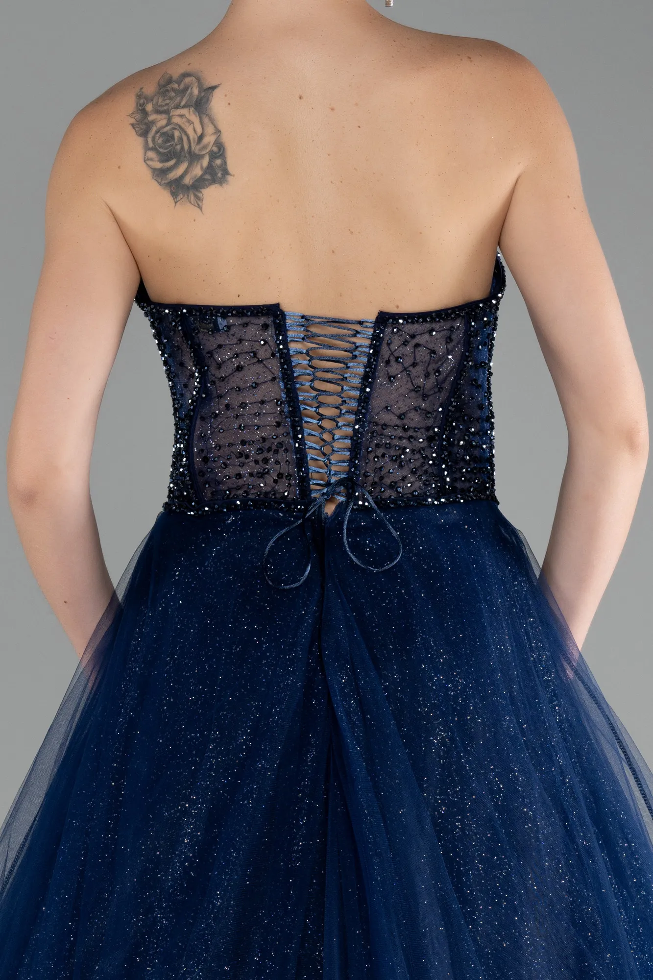 Navy Blue-Stoned Strapless Glitter Collar Long Ball Gown ABU4185