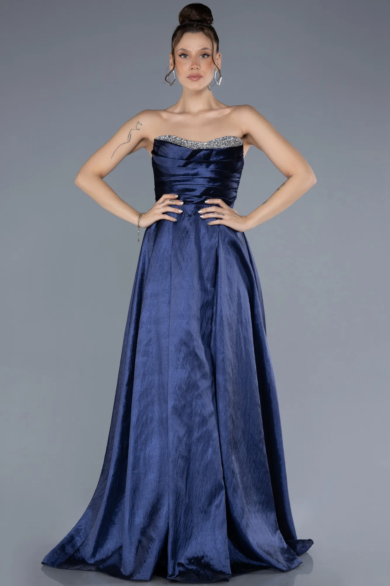 Navy Blue-Stoned Strapless Long Taffeta Evening Gown ABU4579