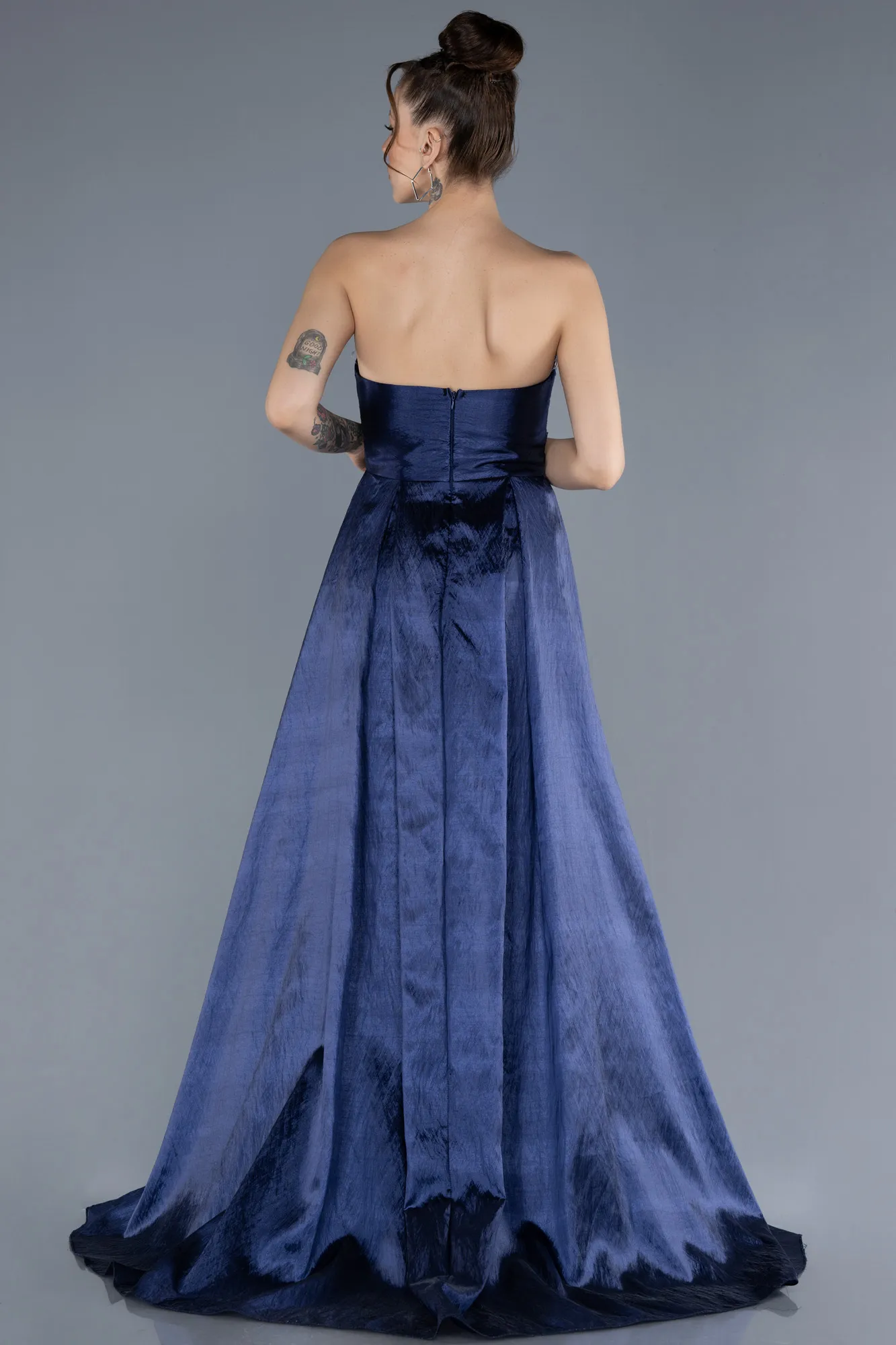 Navy Blue-Stoned Strapless Long Taffeta Evening Gown ABU4579