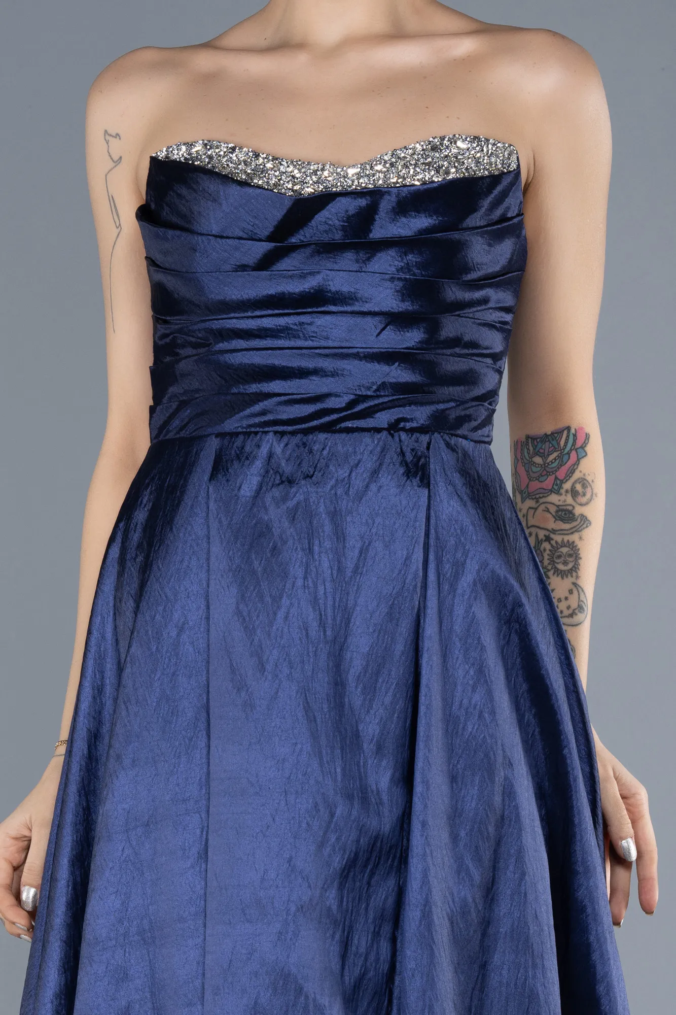 Navy Blue-Stoned Strapless Long Taffeta Evening Gown ABU4579