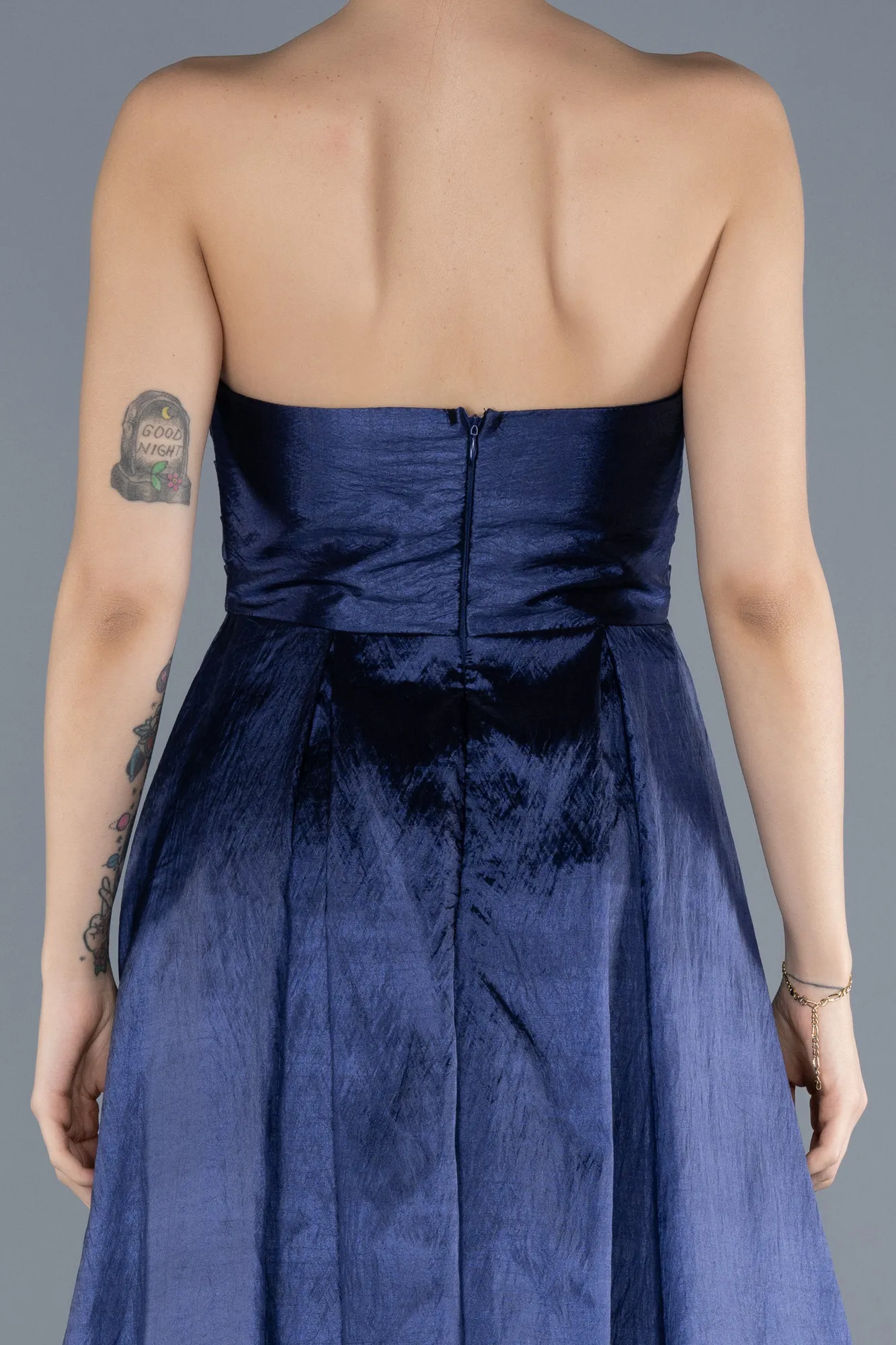 Navy Blue-Stoned Strapless Long Taffeta Evening Gown ABU4579