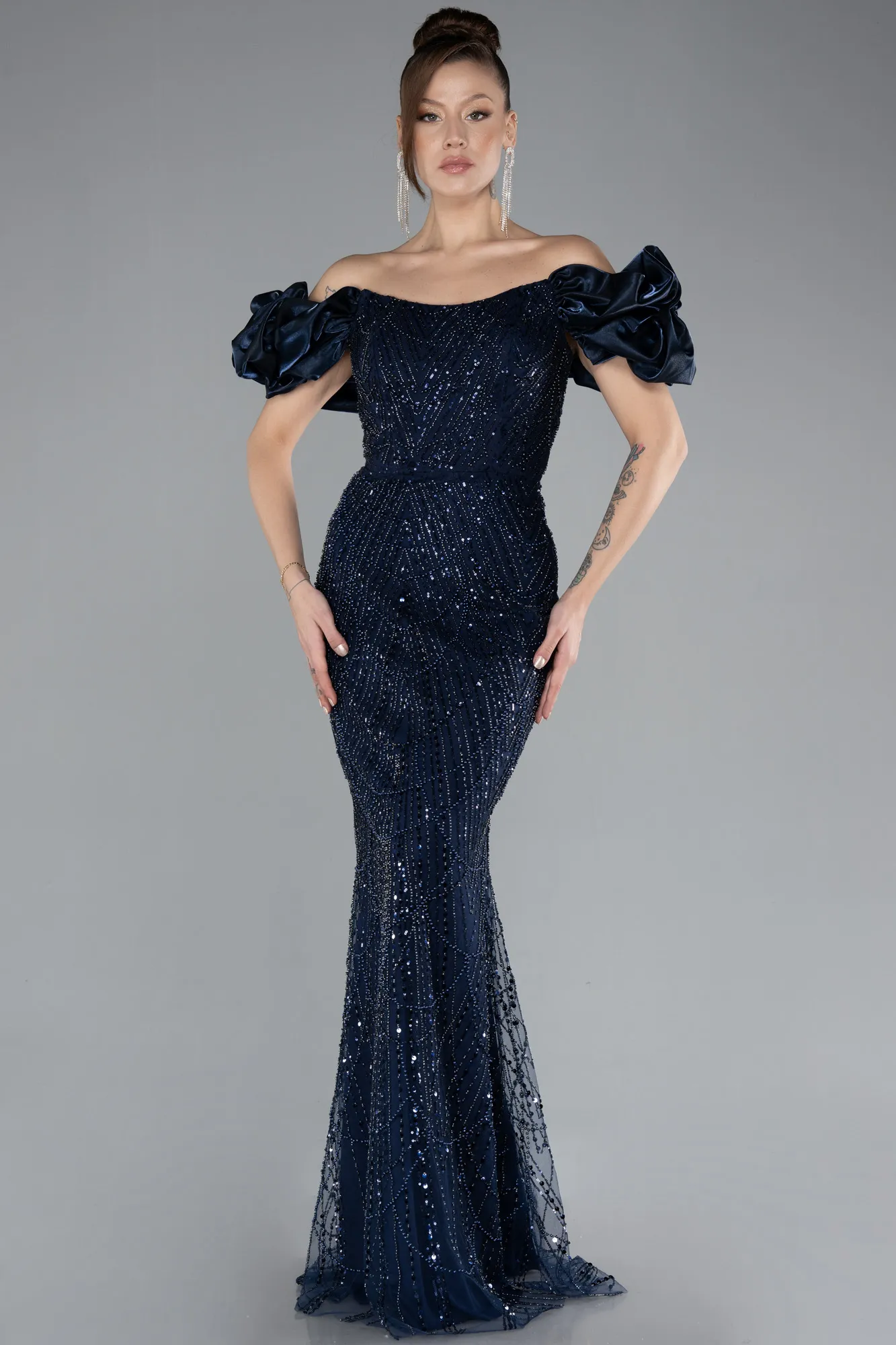 Navy Blue-Stoned Strapless Sleeve Accessories Long Mermaid Evening Gown ABU4509