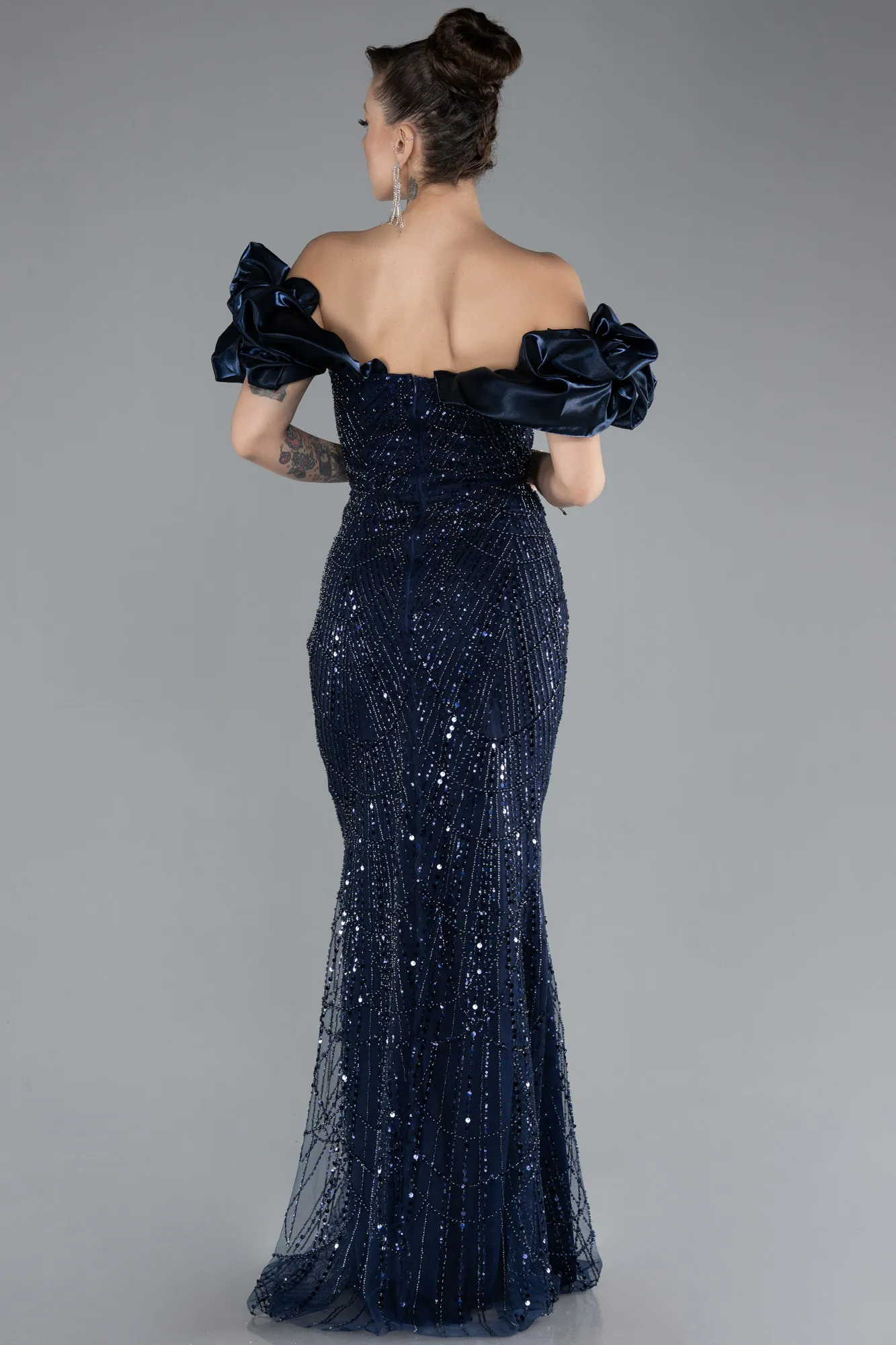 Navy Blue-Stoned Strapless Sleeve Accessories Long Mermaid Evening Gown ABU4509