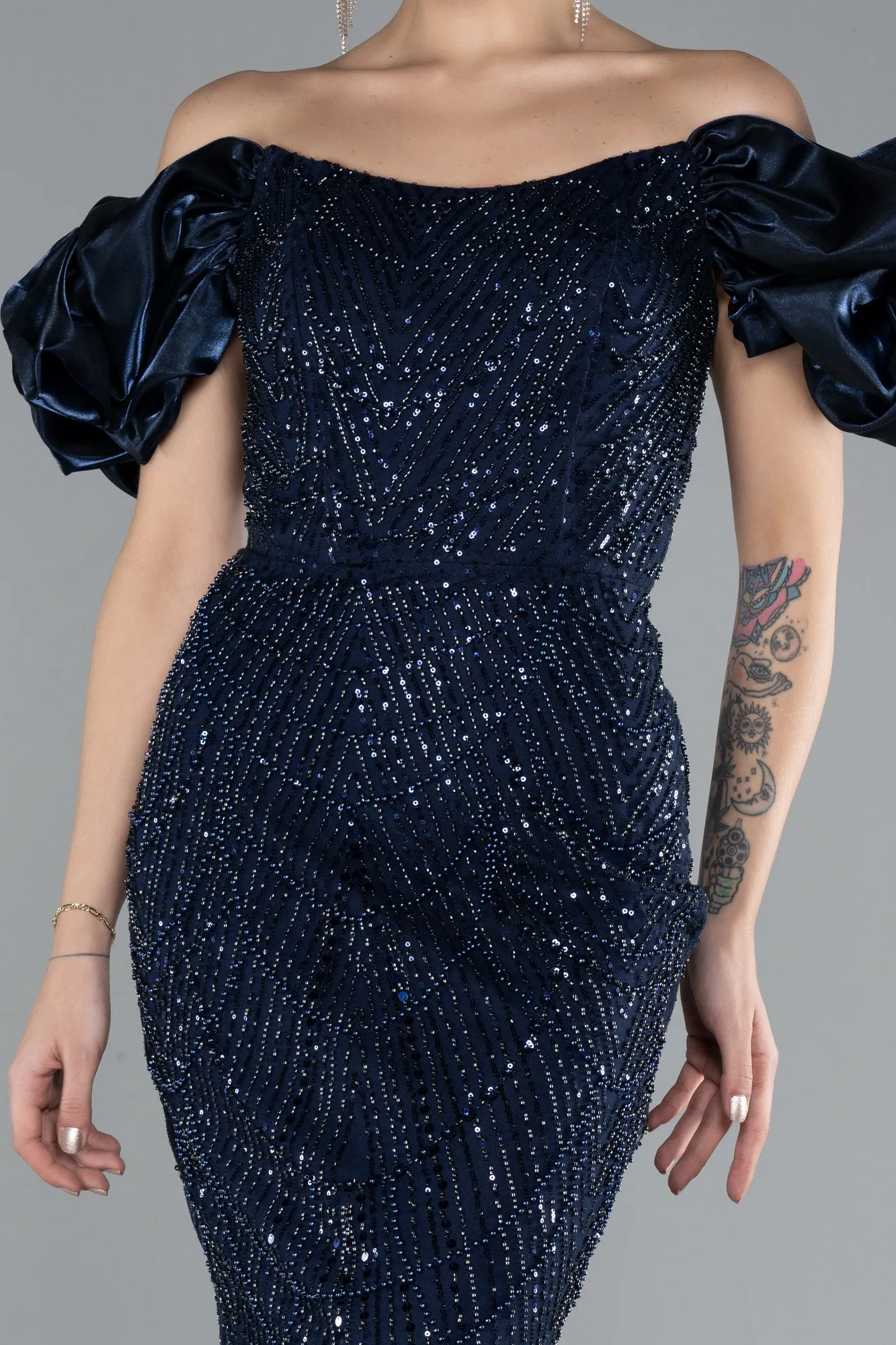 Navy Blue-Stoned Strapless Sleeve Accessories Long Mermaid Evening Gown ABU4509