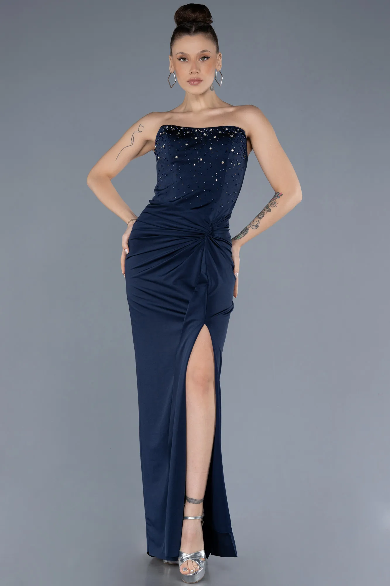 Navy Blue-Stoned Strapless Slit Long Prom Gown ABU4602