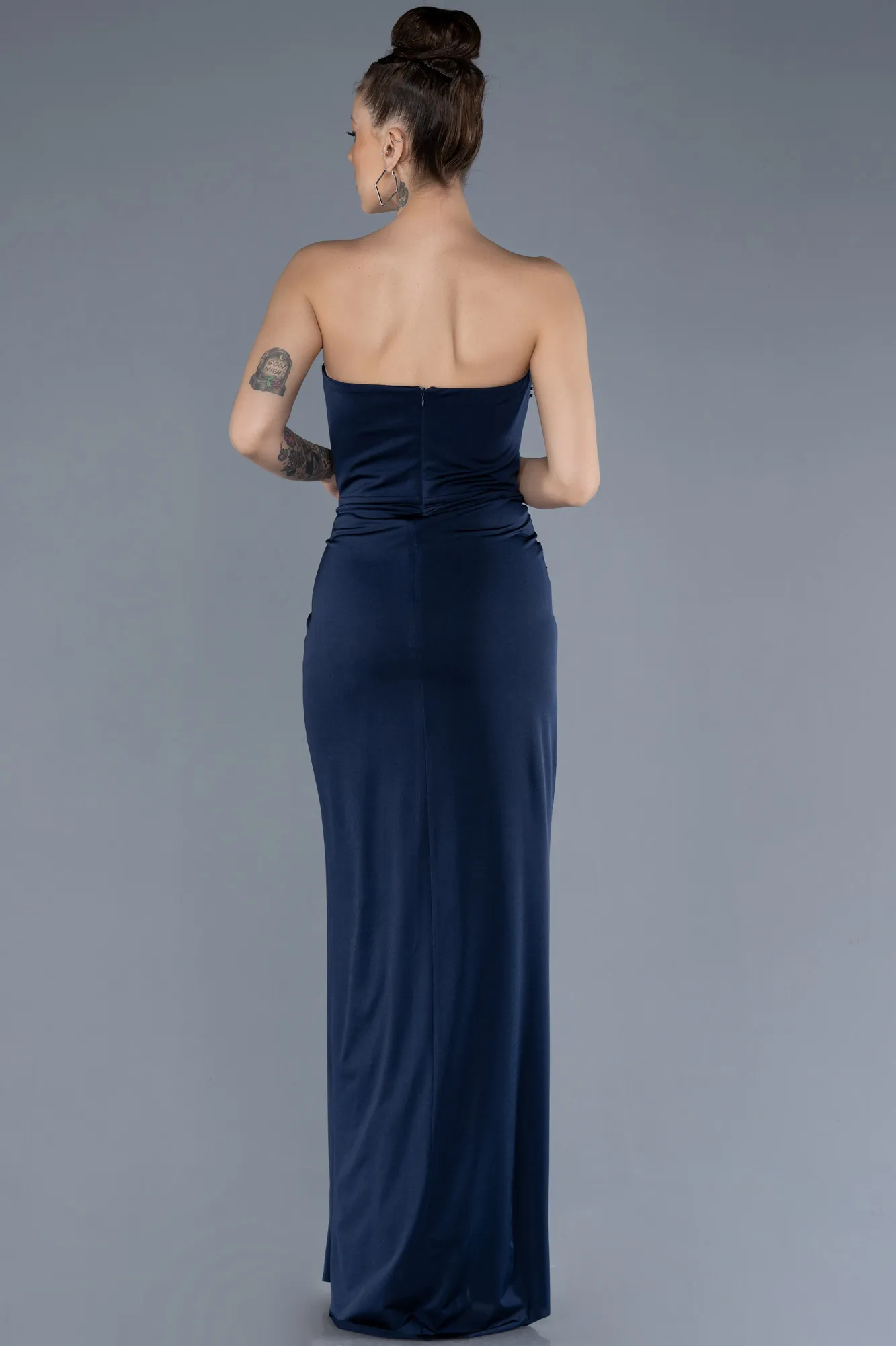 Navy Blue-Stoned Strapless Slit Long Prom Gown ABU4602