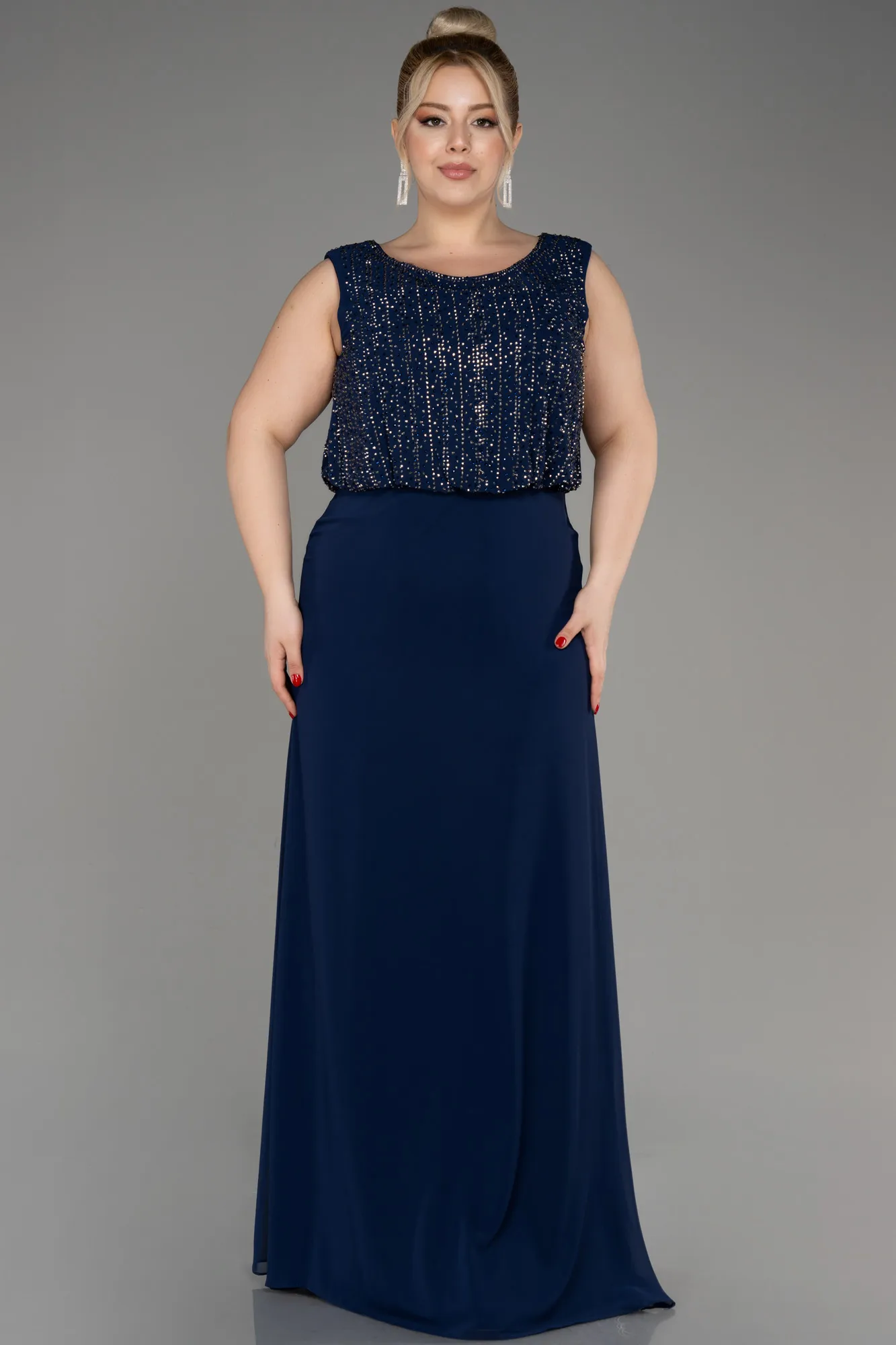 Navy Blue-Stones Plus Size Chiffon Formal Dress ABU3924