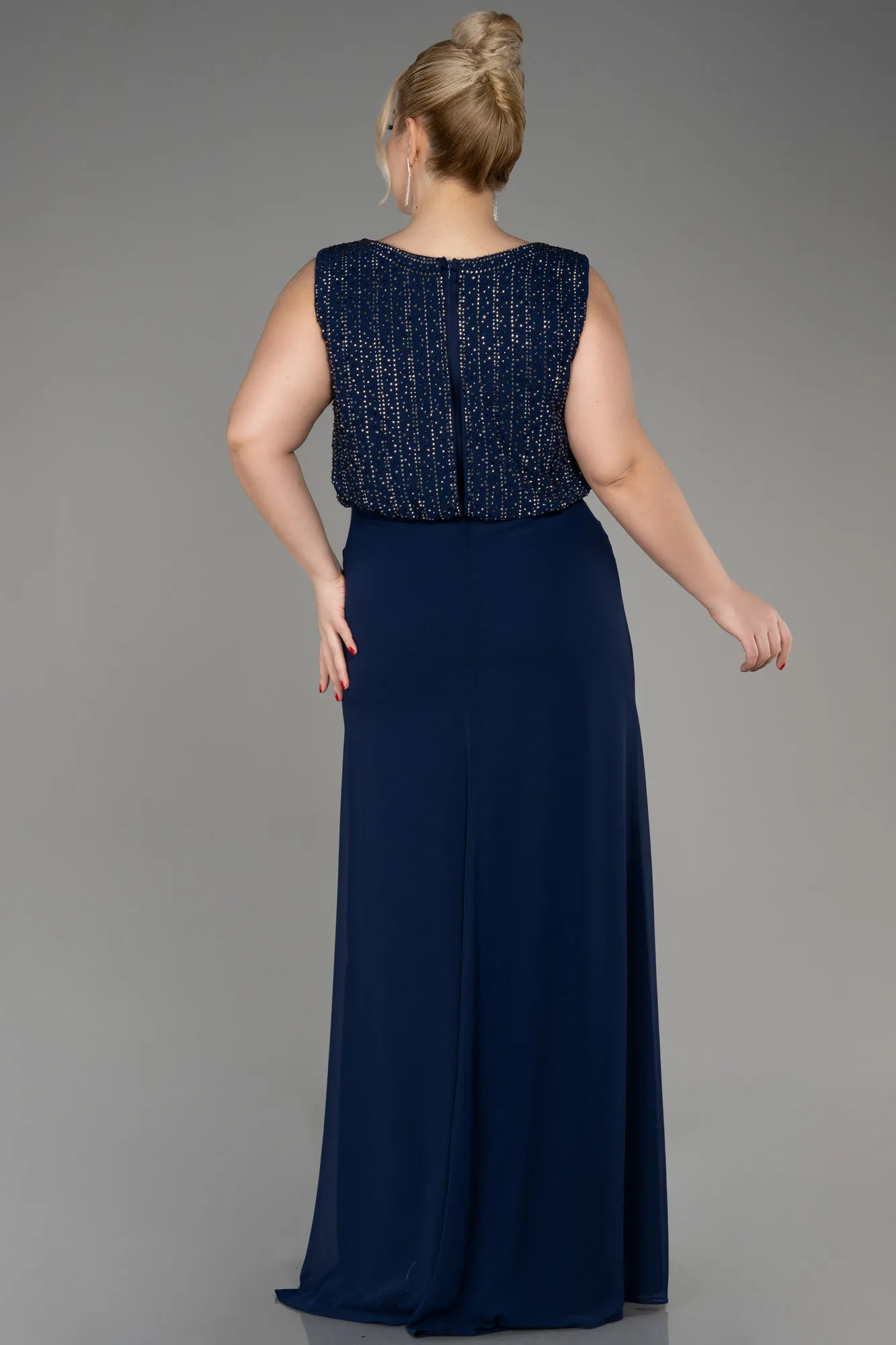 Navy Blue-Stones Plus Size Chiffon Formal Dress ABU3924