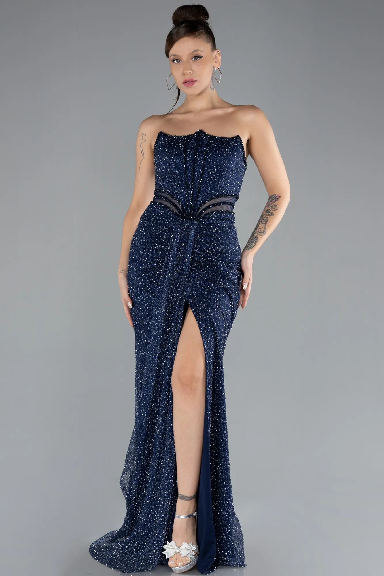 Navy Blue-Straleless Slit Long Stone Evening Gown ABU4352