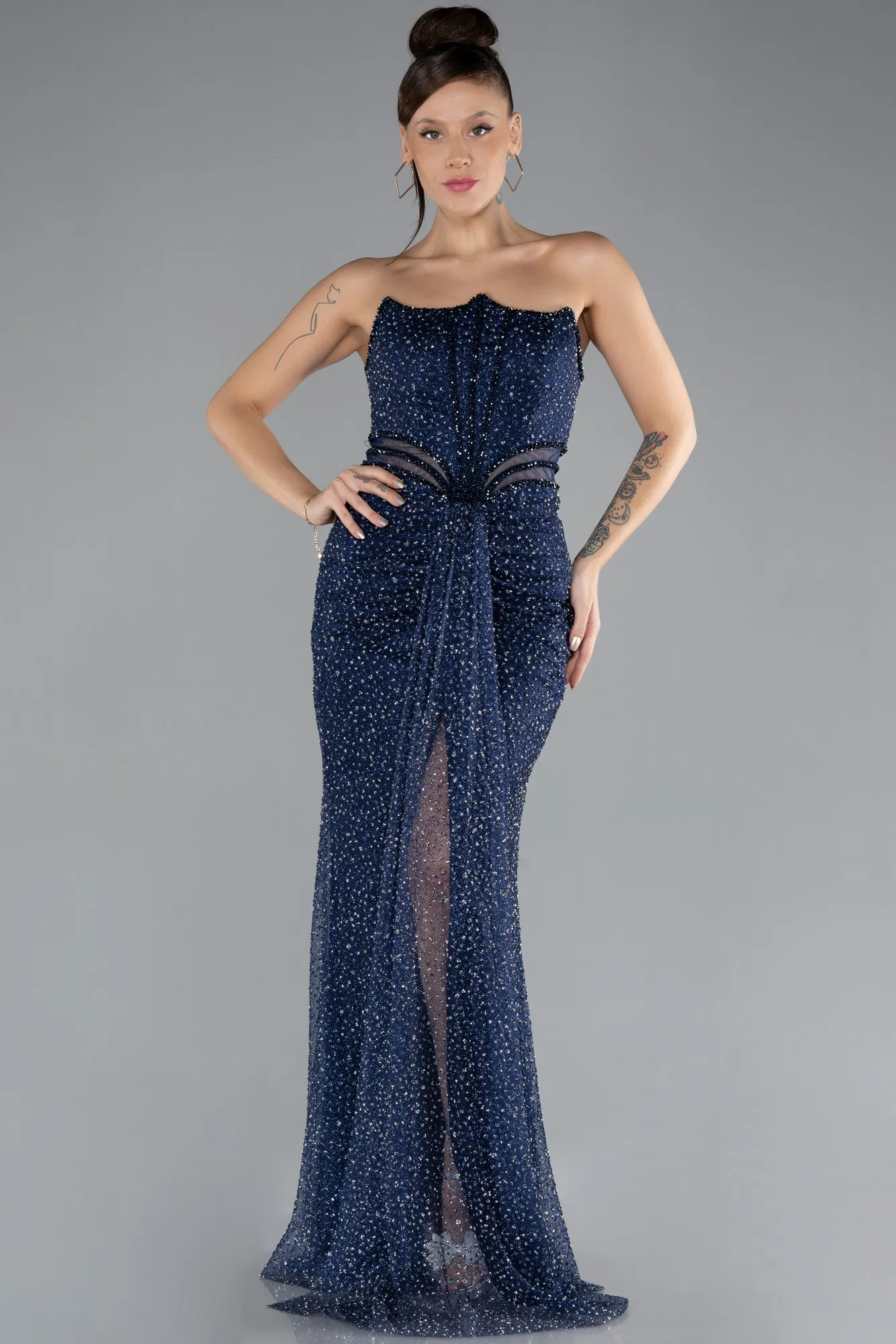 Navy Blue-Straleless Slit Long Stone Evening Gown ABU4352