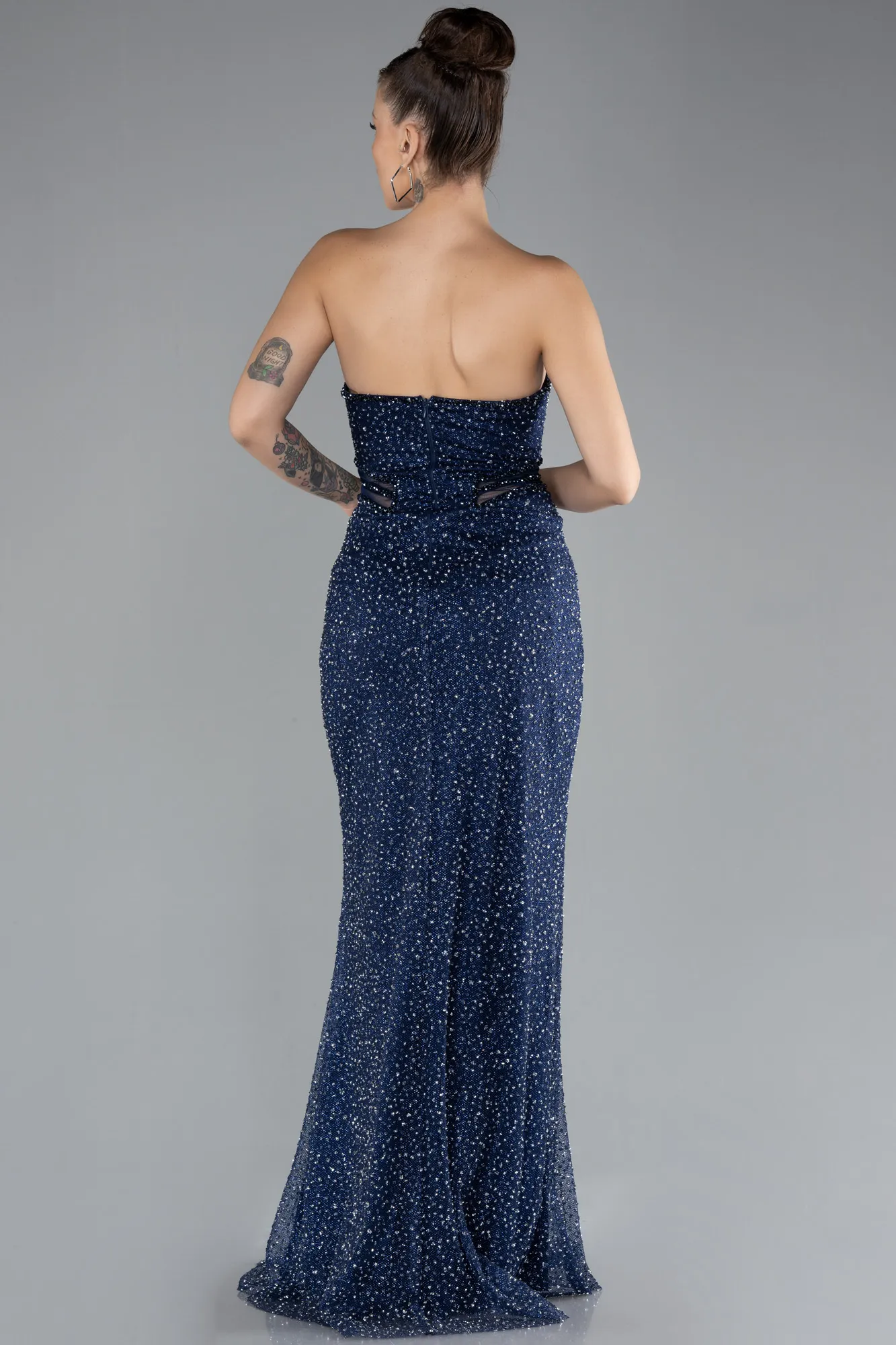 Navy Blue-Straleless Slit Long Stone Evening Gown ABU4352