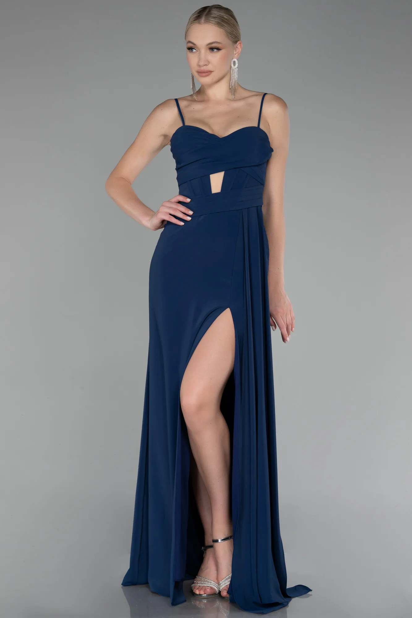 Navy Blue-Strap Slit Long Chiffon Evening Dress ABU4118