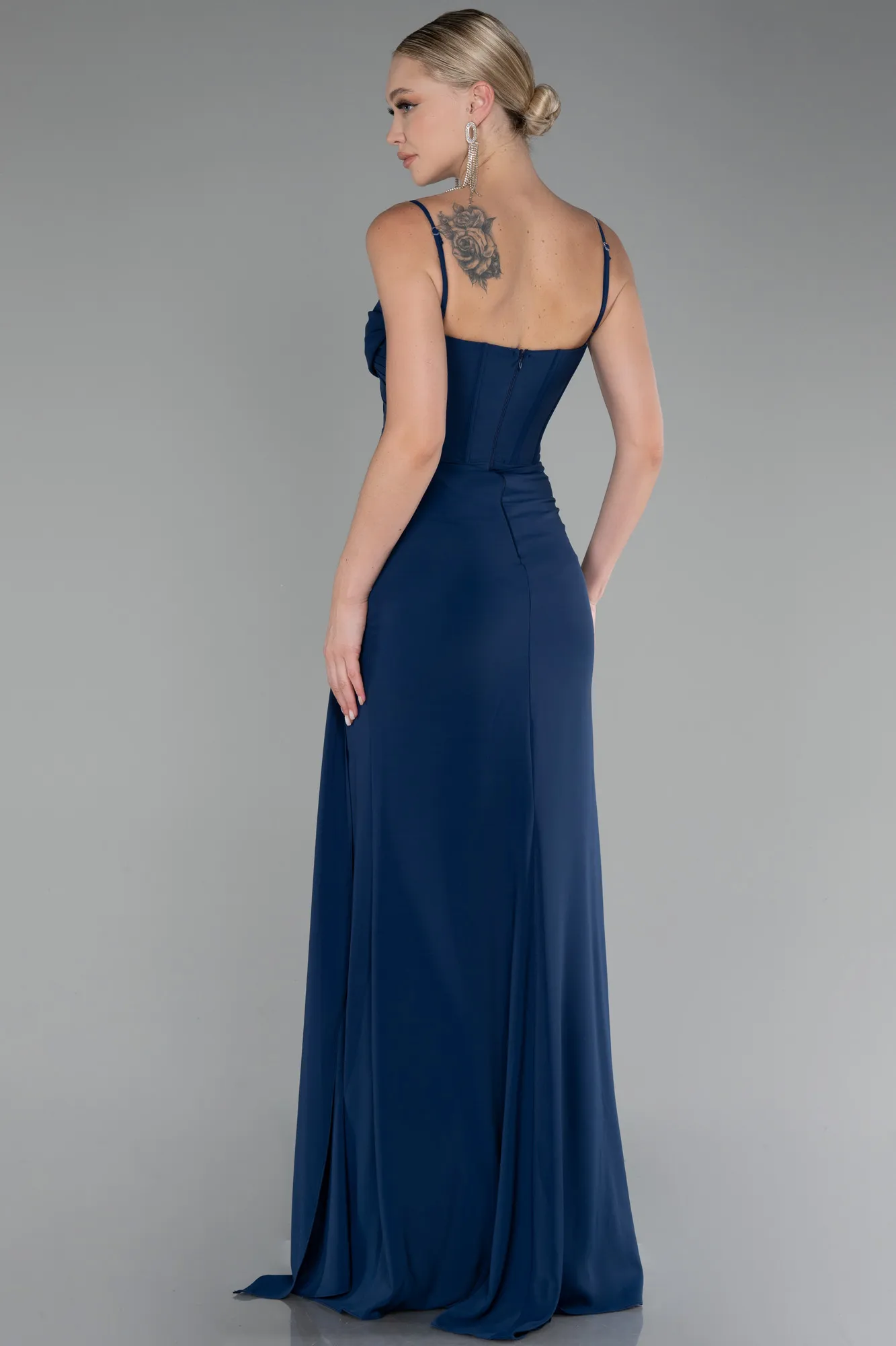 Navy Blue-Strap Slit Long Chiffon Evening Dress ABU4118