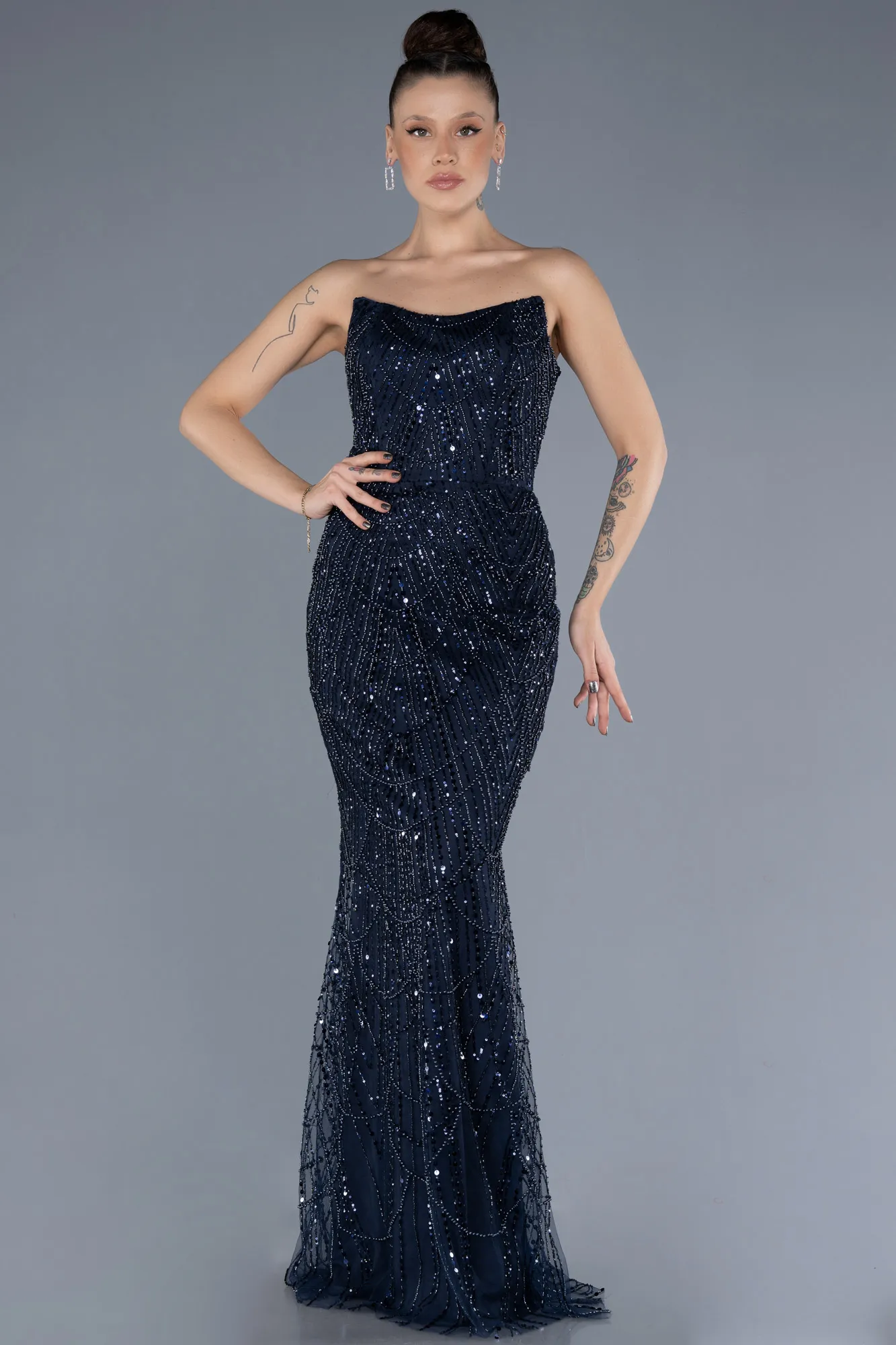 Navy Blue-Strapless Beaded Long Mermaid Evening Gown ABU4563