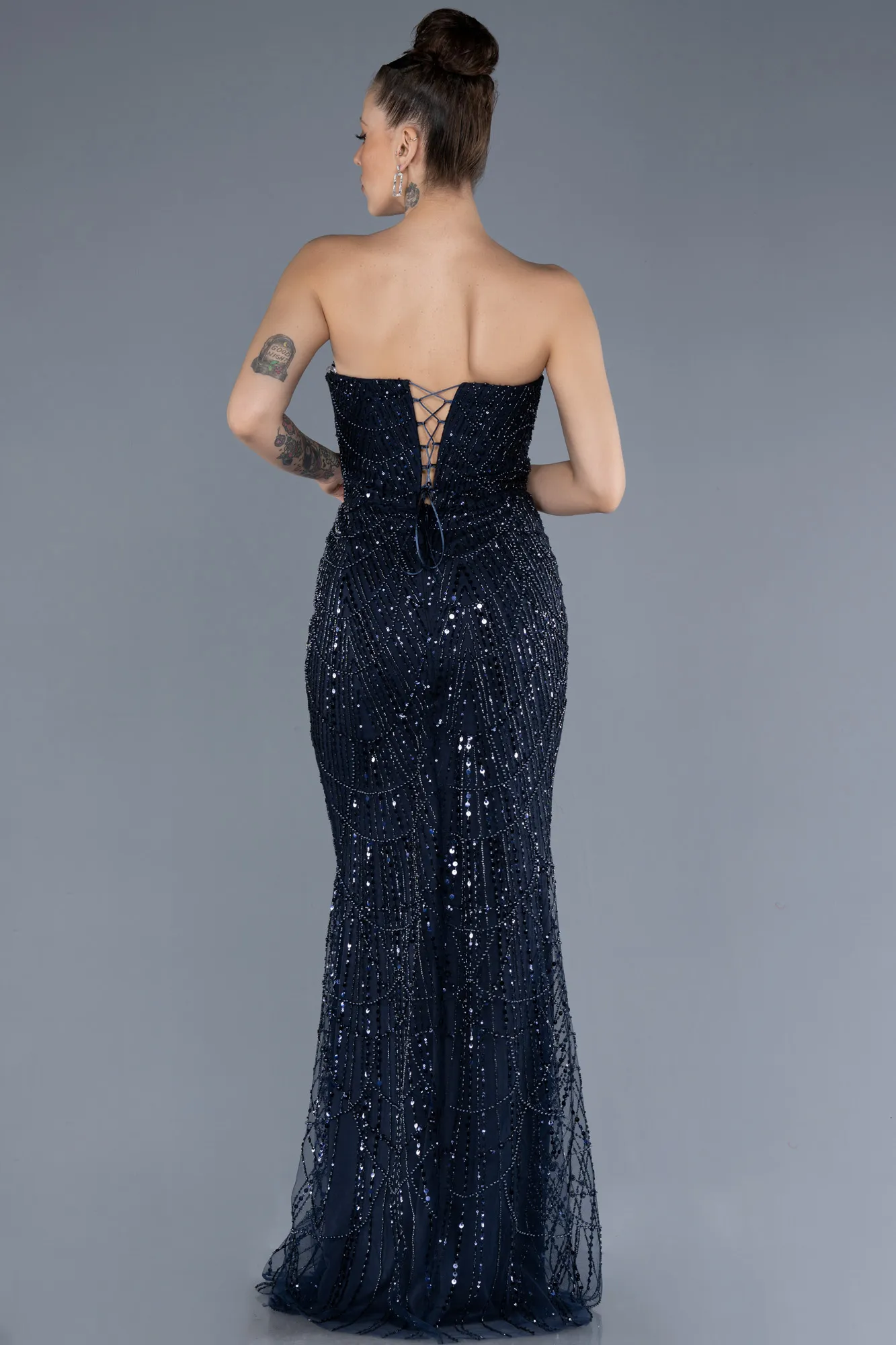 Navy Blue-Strapless Beaded Long Mermaid Evening Gown ABU4563