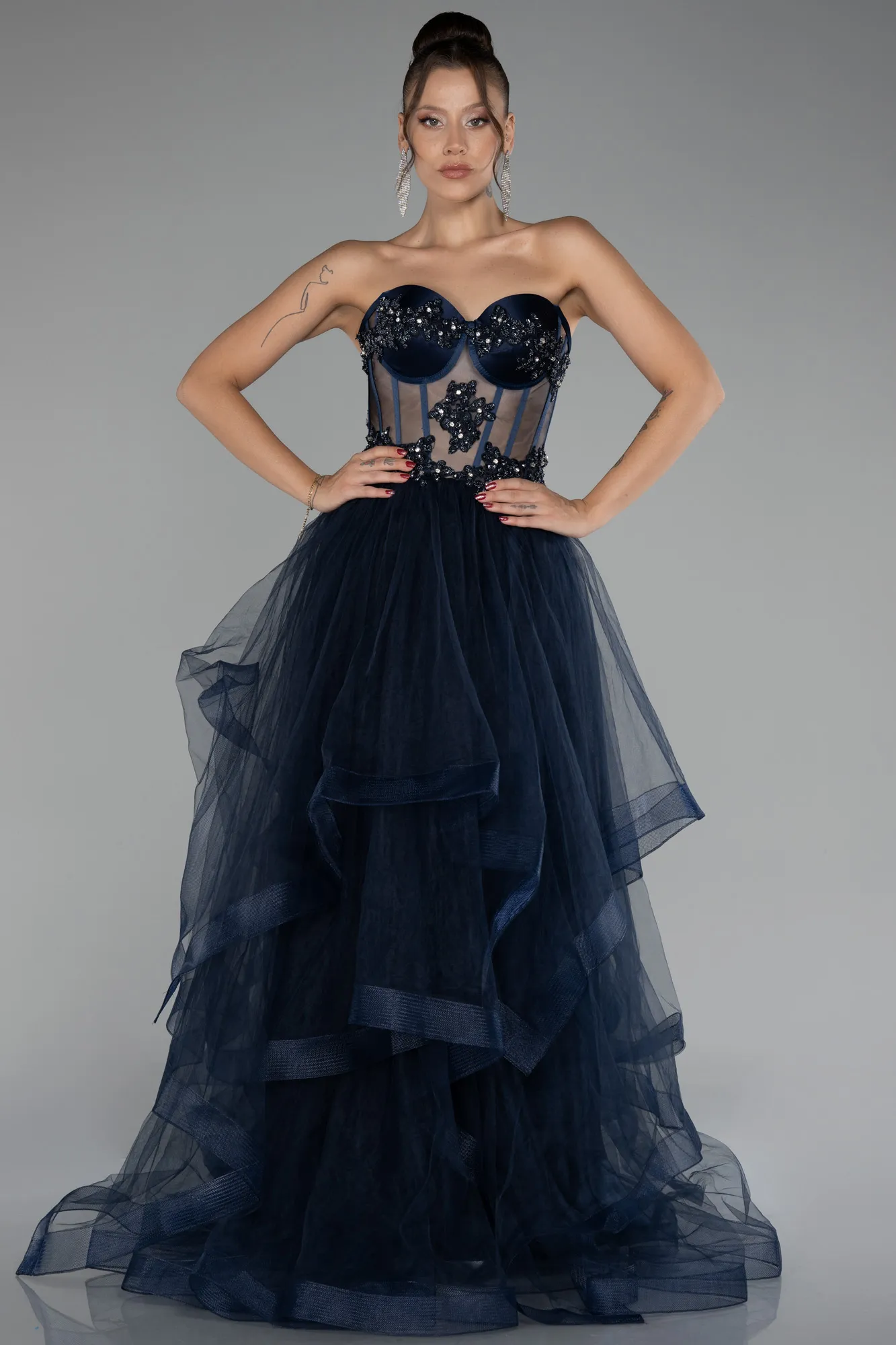 Navy Blue-Strapless Embroidered Ball Gown ABU4153