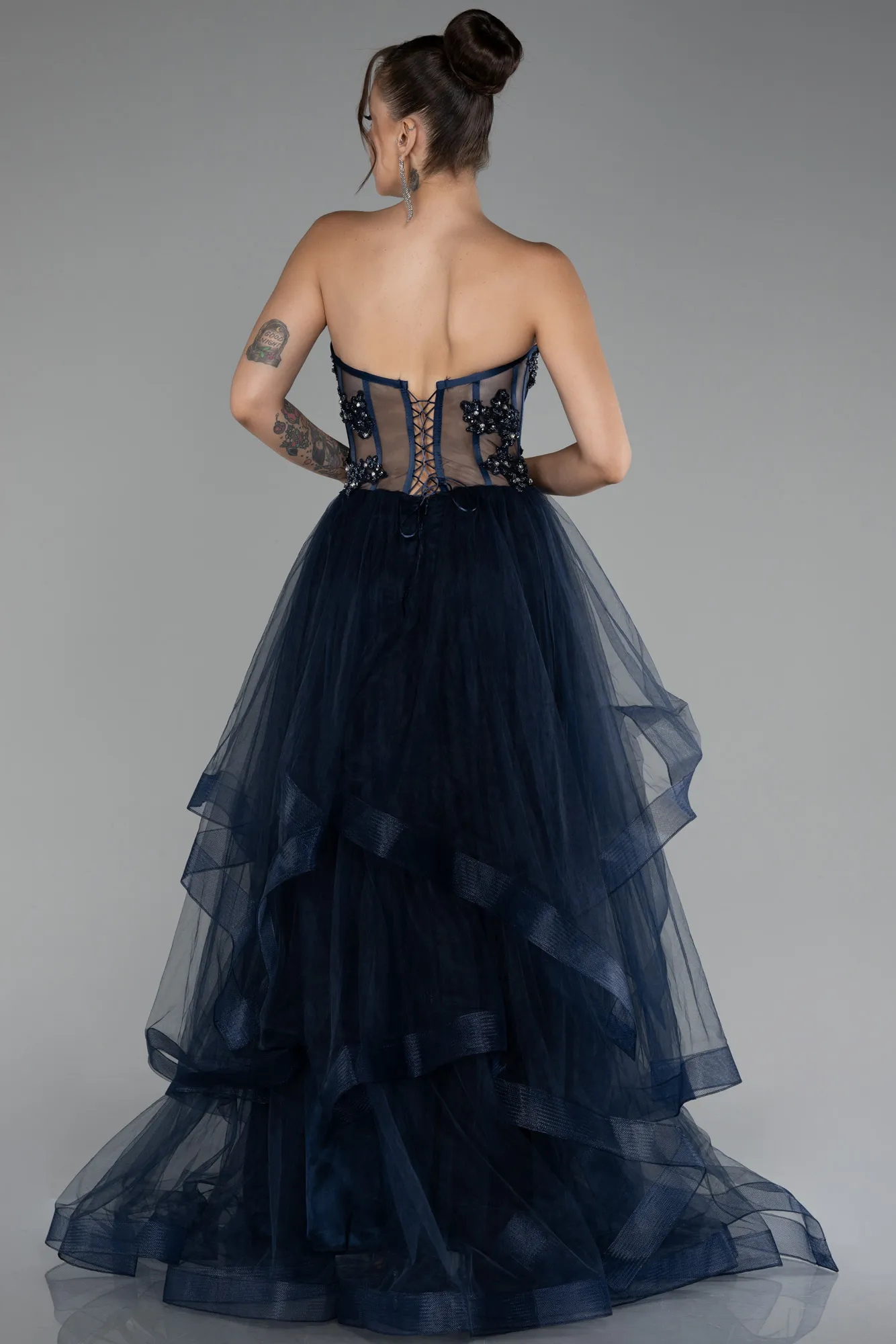 Navy Blue-Strapless Embroidered Ball Gown ABU4153