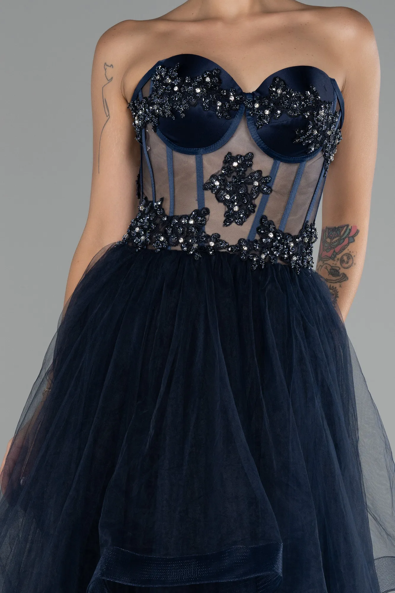 Navy Blue-Strapless Embroidered Ball Gown ABU4153