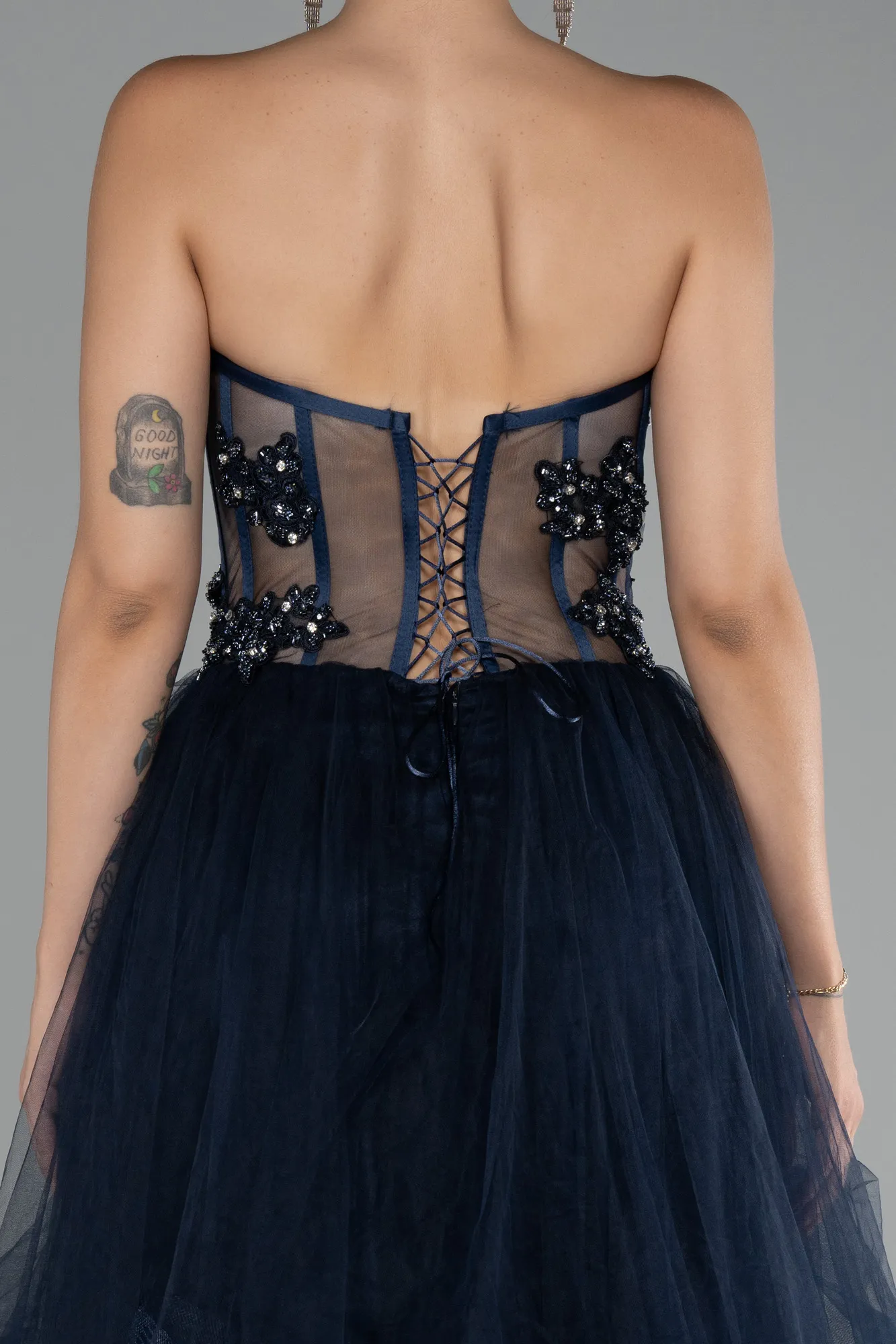 Navy Blue-Strapless Embroidered Ball Gown ABU4153